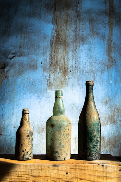 Friends - Fine art still life with three bottles arranged in an abandoned space