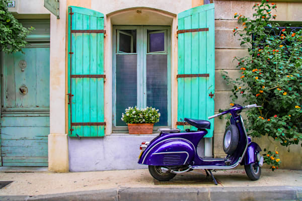 The Violet Scooter - Decorative wall art with vibrant colors and street atmosphere