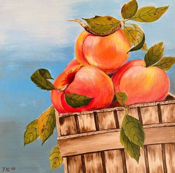 Peaches In A Wooden Basket   Original Art | Teo Art