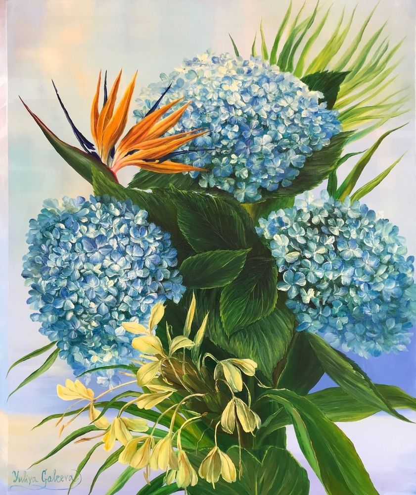 Hydrangea And Birds Of Paradise Art | Julie Galeeva Fine Art