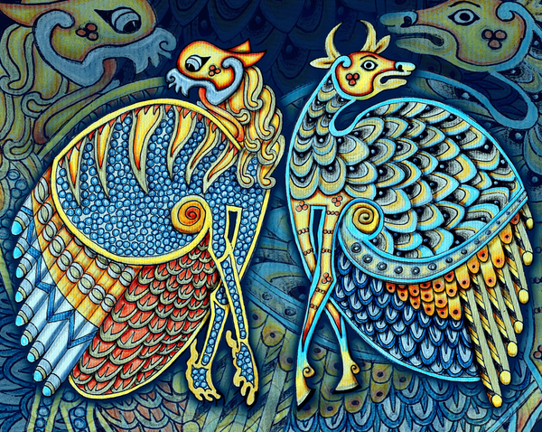 Zoomorphic Winged Beasts Blue/Yellow Art | Wild Thistle Art
