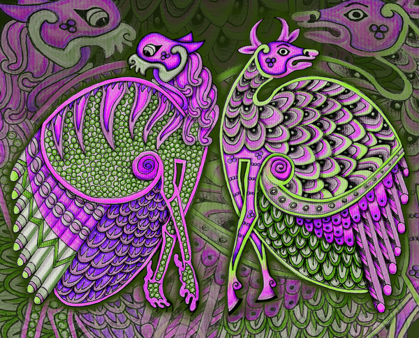 Zoomorphic Winged Beasts Magenta Olive Art | Wild Thistle Art