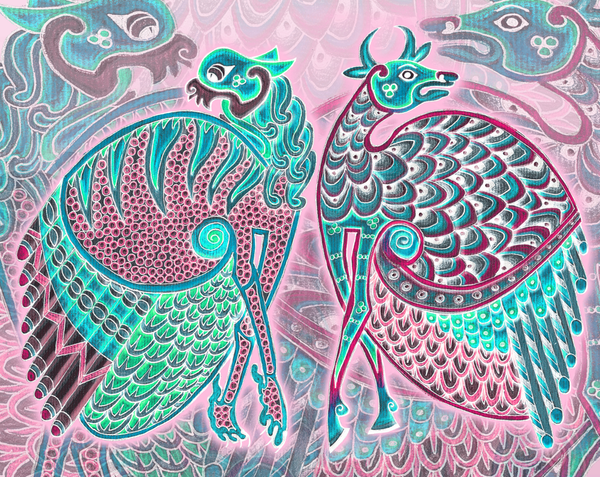 Zoomorphic Winged Beasts Pink/Turquoise Art | Wild Thistle Art