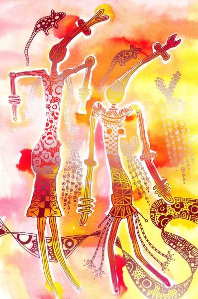 Dancing Girls Yellow/Orange Art | Wild Thistle Art