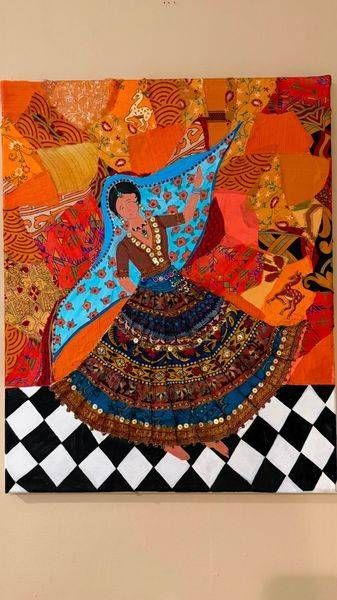 Rajasthani Folk Dancer in Mixed media Fabric Collage