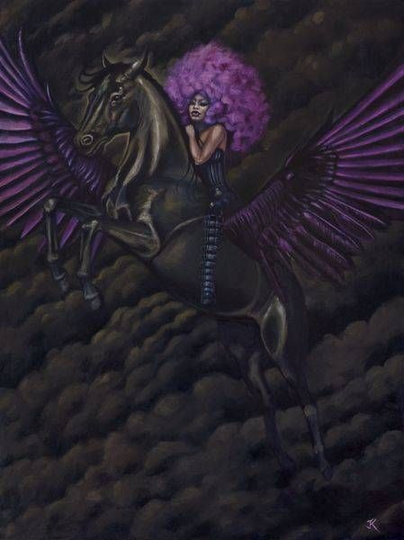 woman riding pegasus at night