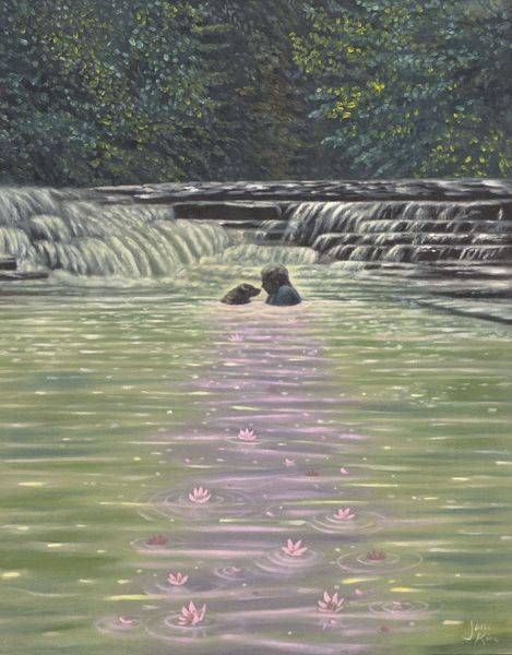 Old woman and dog in an eternal youth waterfall