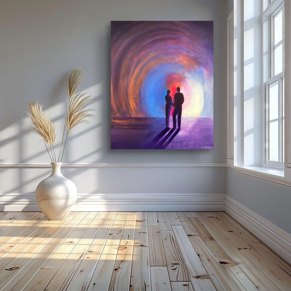 Two print shown in a sunlit transitional room setting