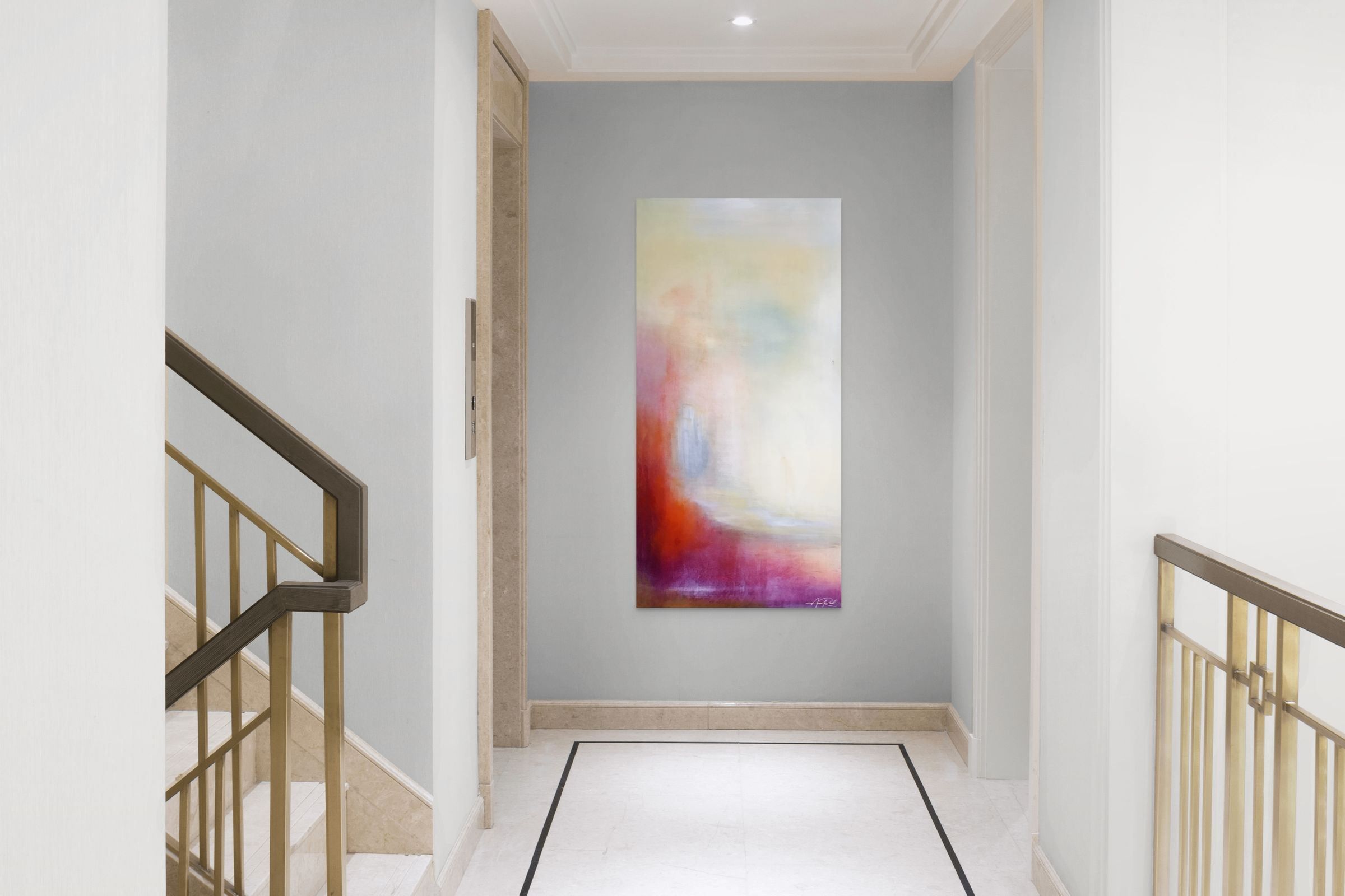Pearl Gate print shown in a stair landing entrance space