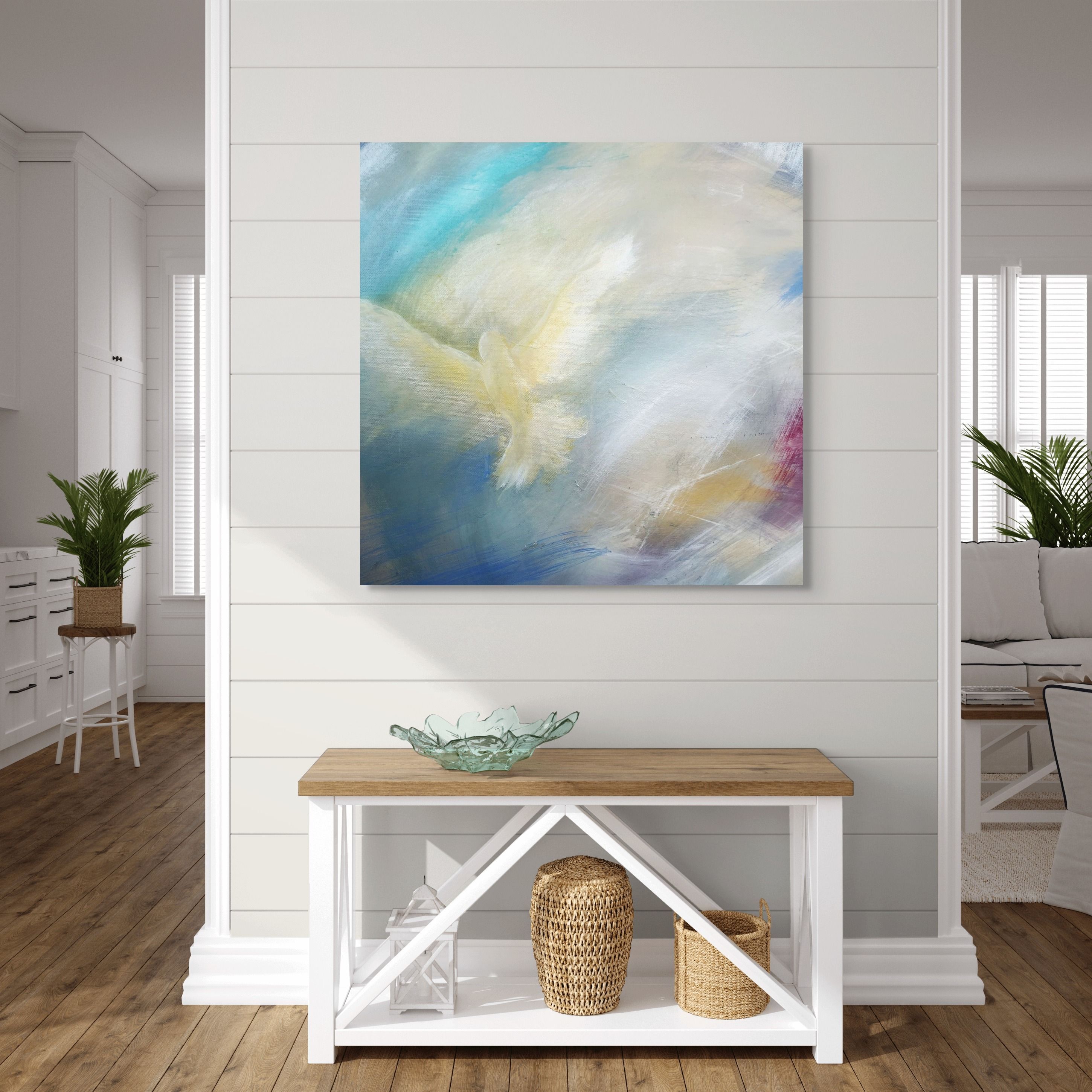 Dove print shown in a bright entranceway with a console table
