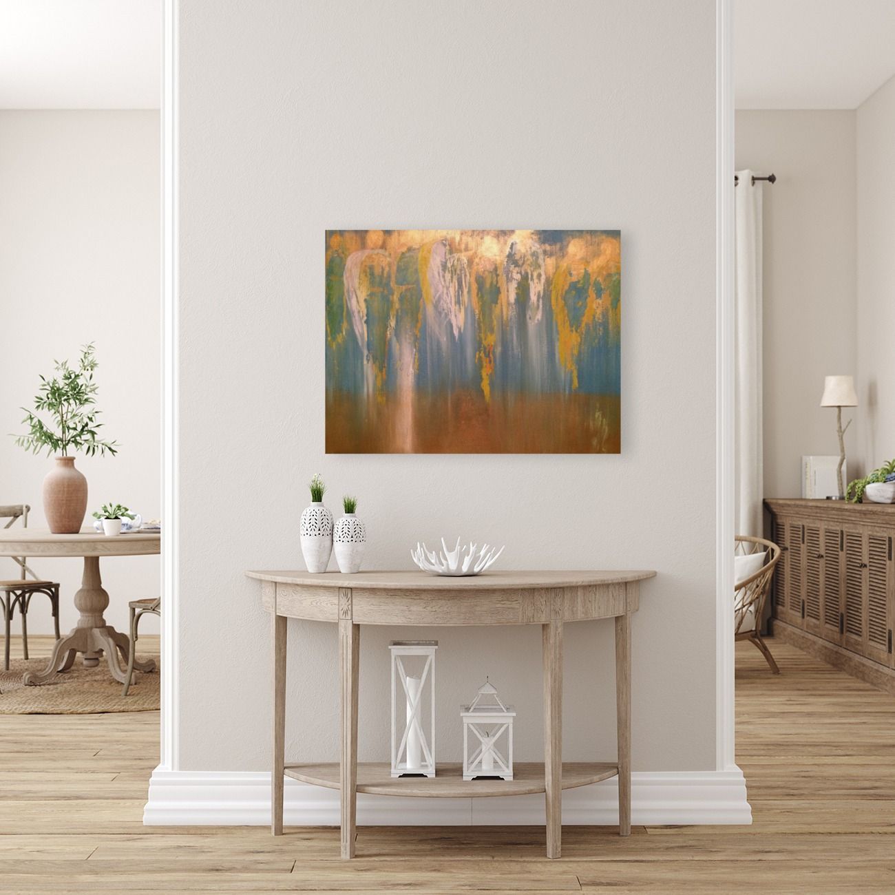 Angel Armies print shown above a console table in an entranceway setting