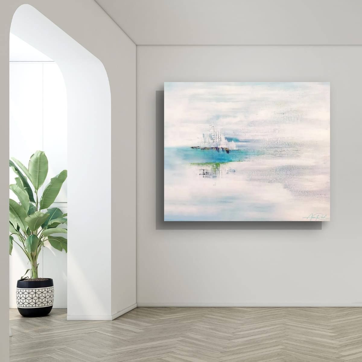 On Earth as It Is in Heaven print shown in a calm arched hallway