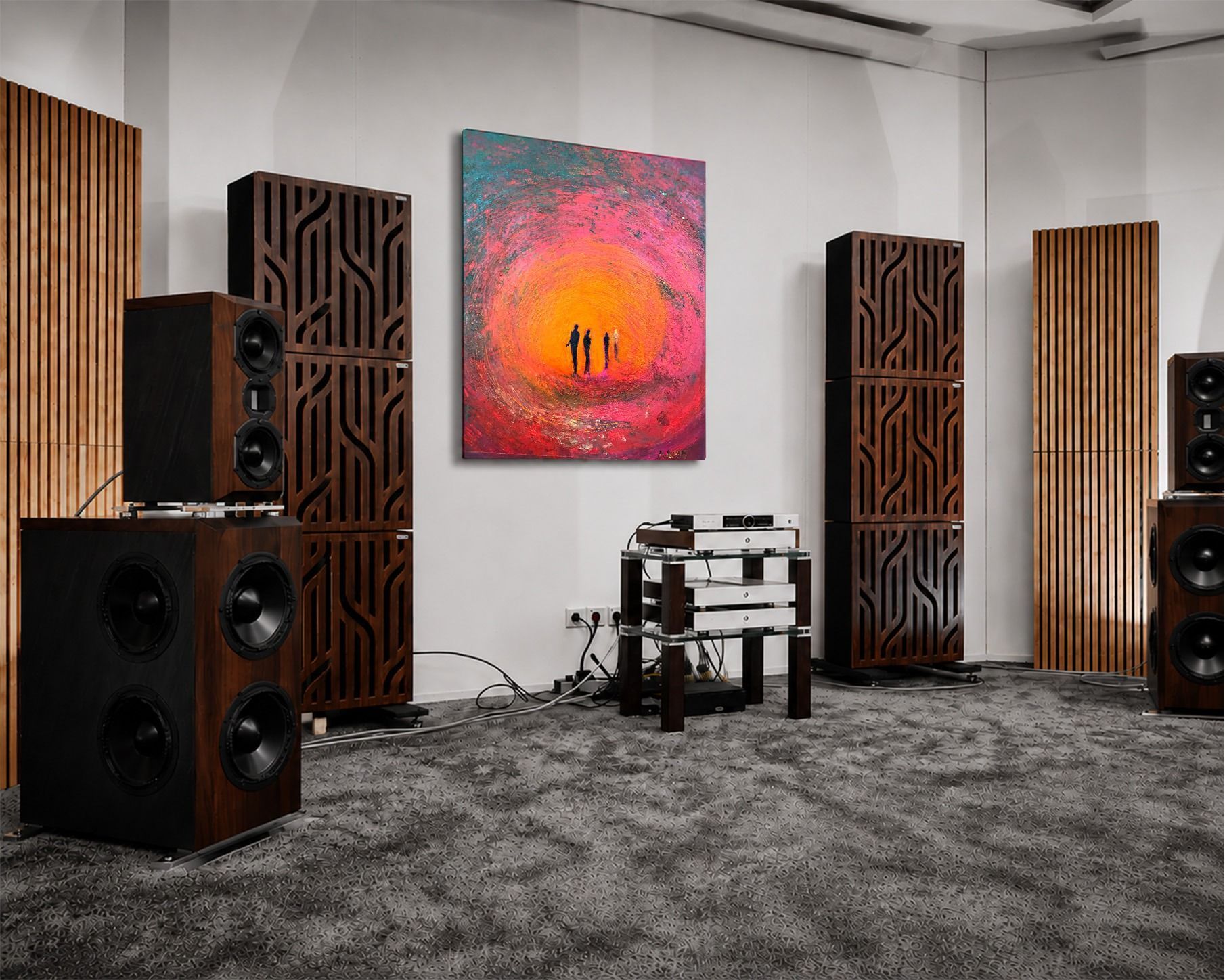 Fourth Man, metal wall art by Anne Reid Artist shown on the front wall in a listening room setting.