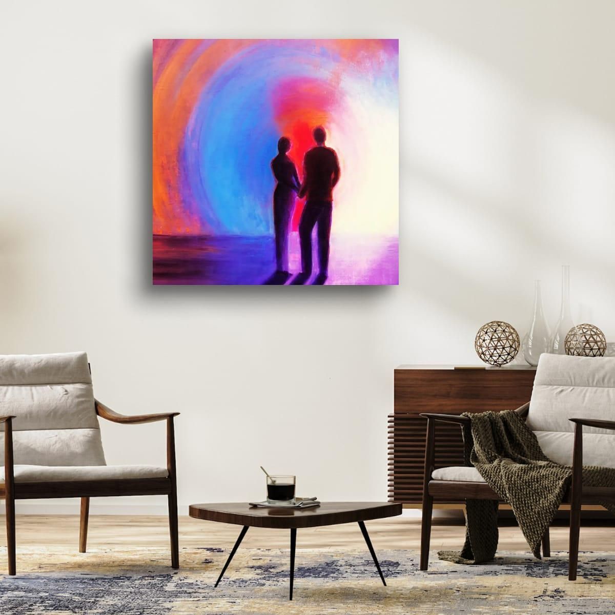 Two 5, fine art print by Anne Reid Artist shown as a 40×40 in metal print in a living room setting
