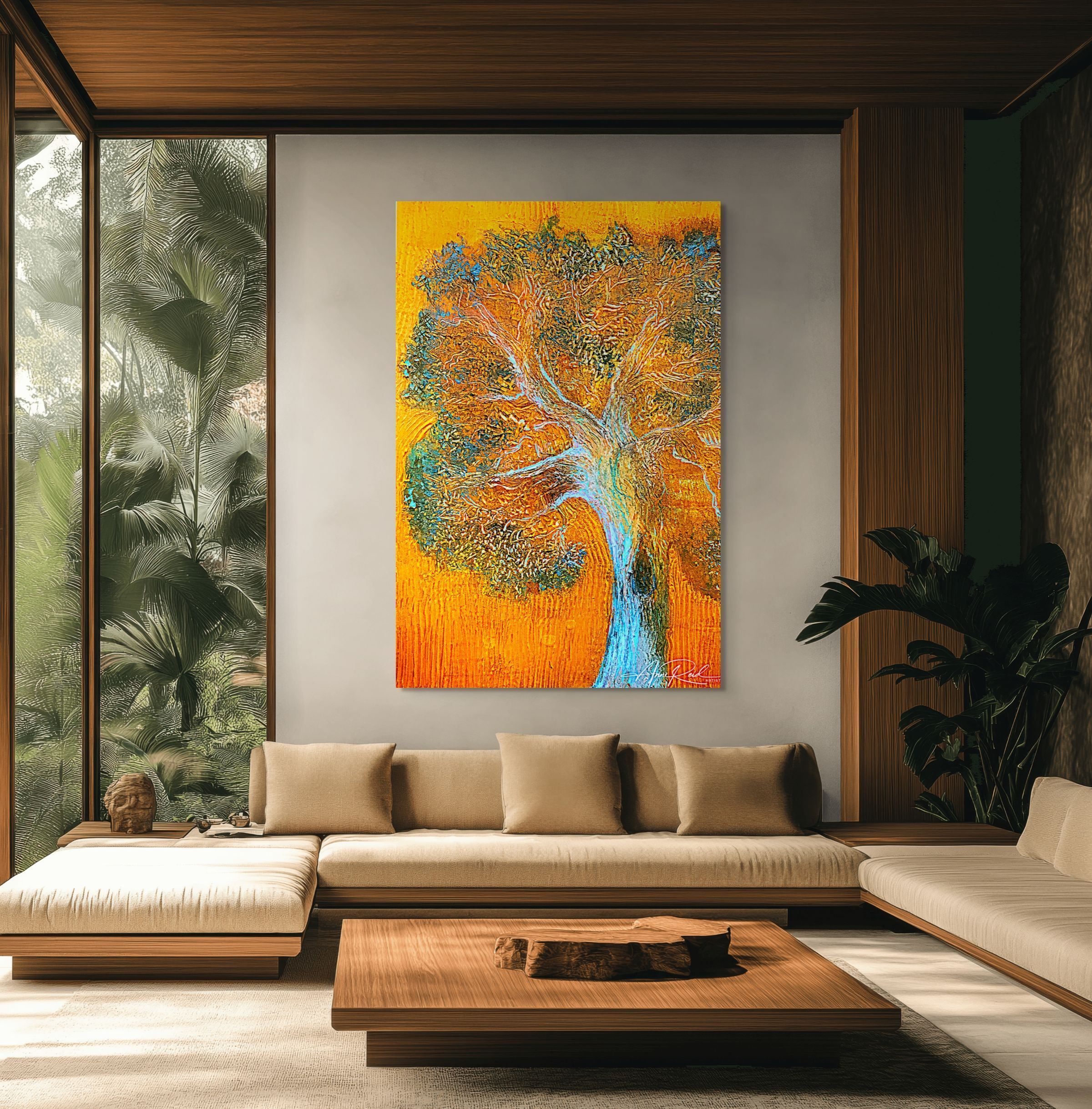 White Tree 2, print by Anne Reid Artist shown as a large metal print on a pale gray wall in a nature retreat living room.