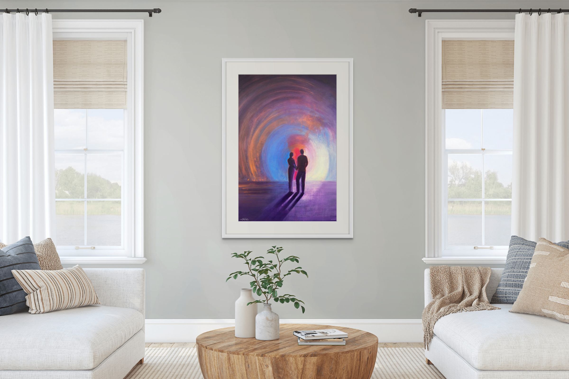 Two 9, fine art print by Anne Reid Artist shown as a 30×45 in framed paper print in a living room setting