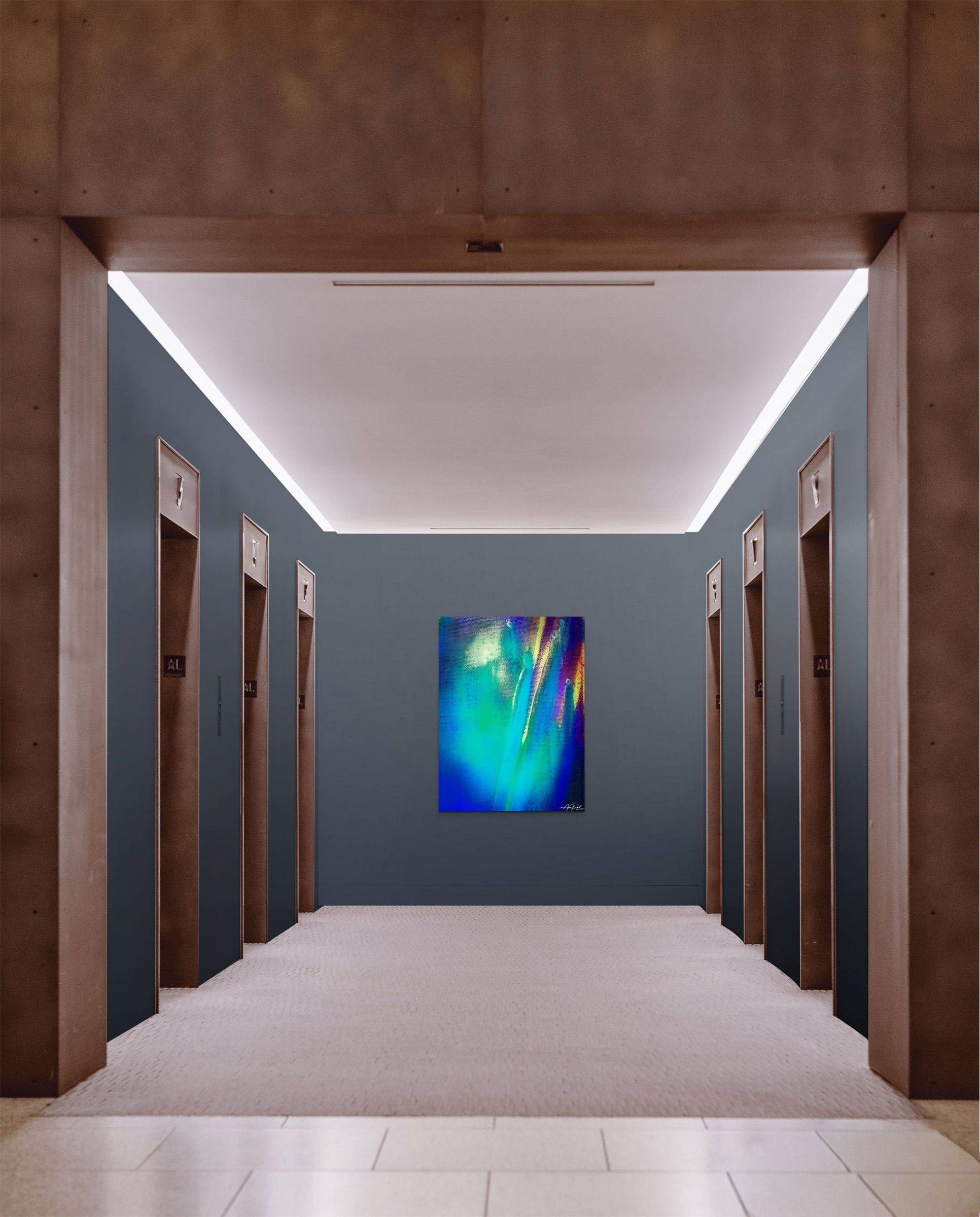 The Breaker 9, fine art print by Anne Reid Artist shown as a vertical print in a contemporary elevator lobby setting