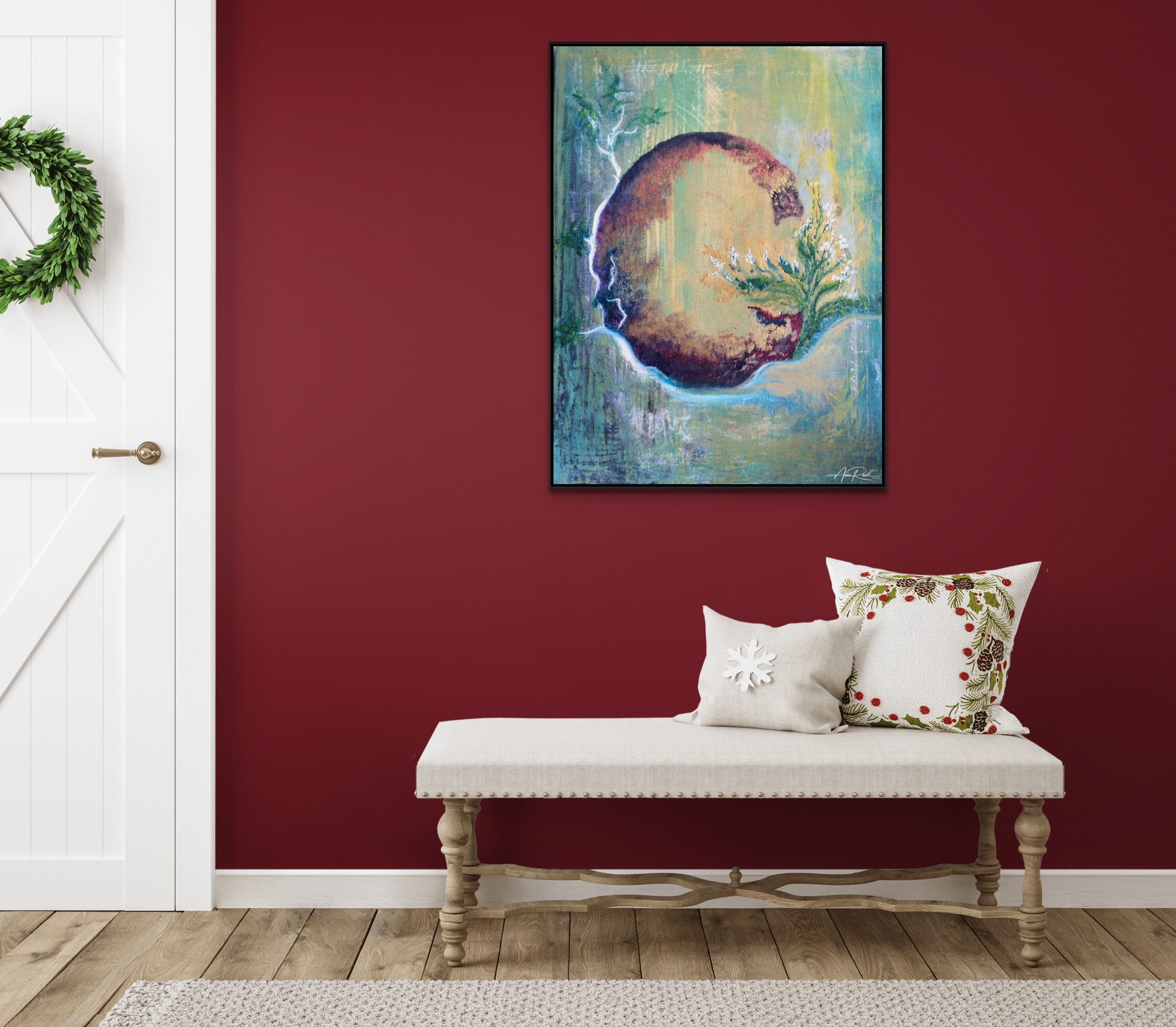 Sealed Garden, fine art print by Anne Reid Artist shown above a cream bench with holiday pillows on a crimson wall