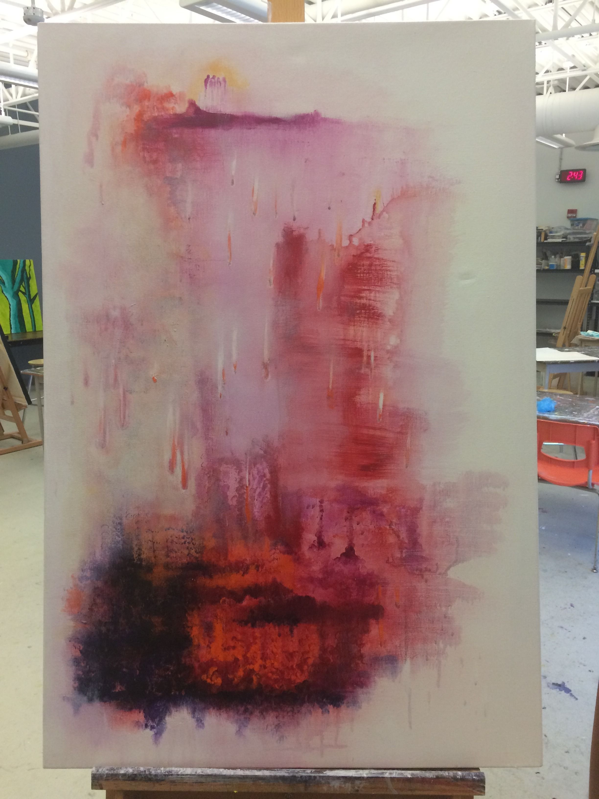 Seed of the Woman, fine art print by Anne Reid Artist — work in progress on studio easel showing early pink, magenta, and orange layers with descending fire forms