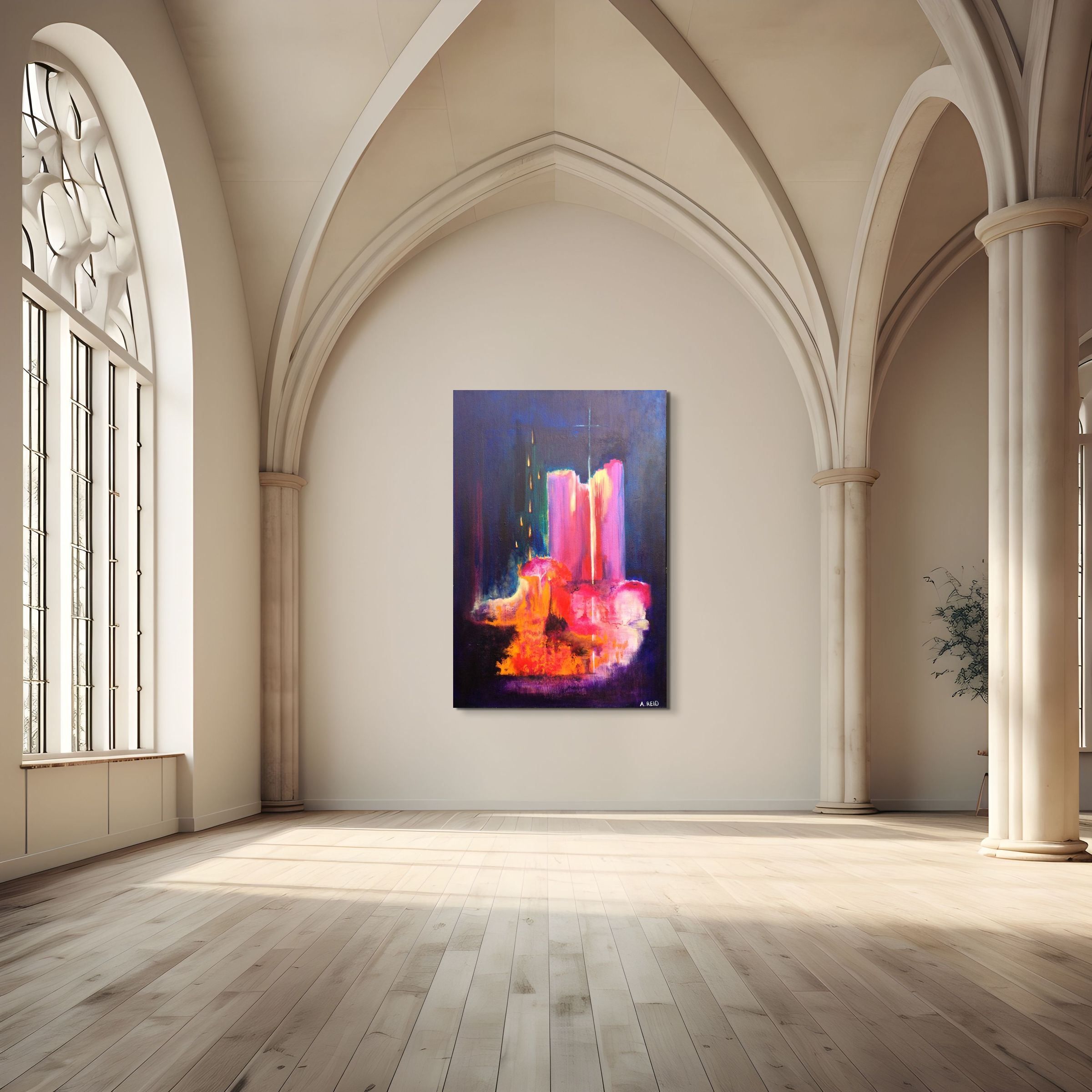 Seed of the Woman, fine art print by Anne Reid Artist shown as a 48×72 in metal print in a gallery sanctuary setting