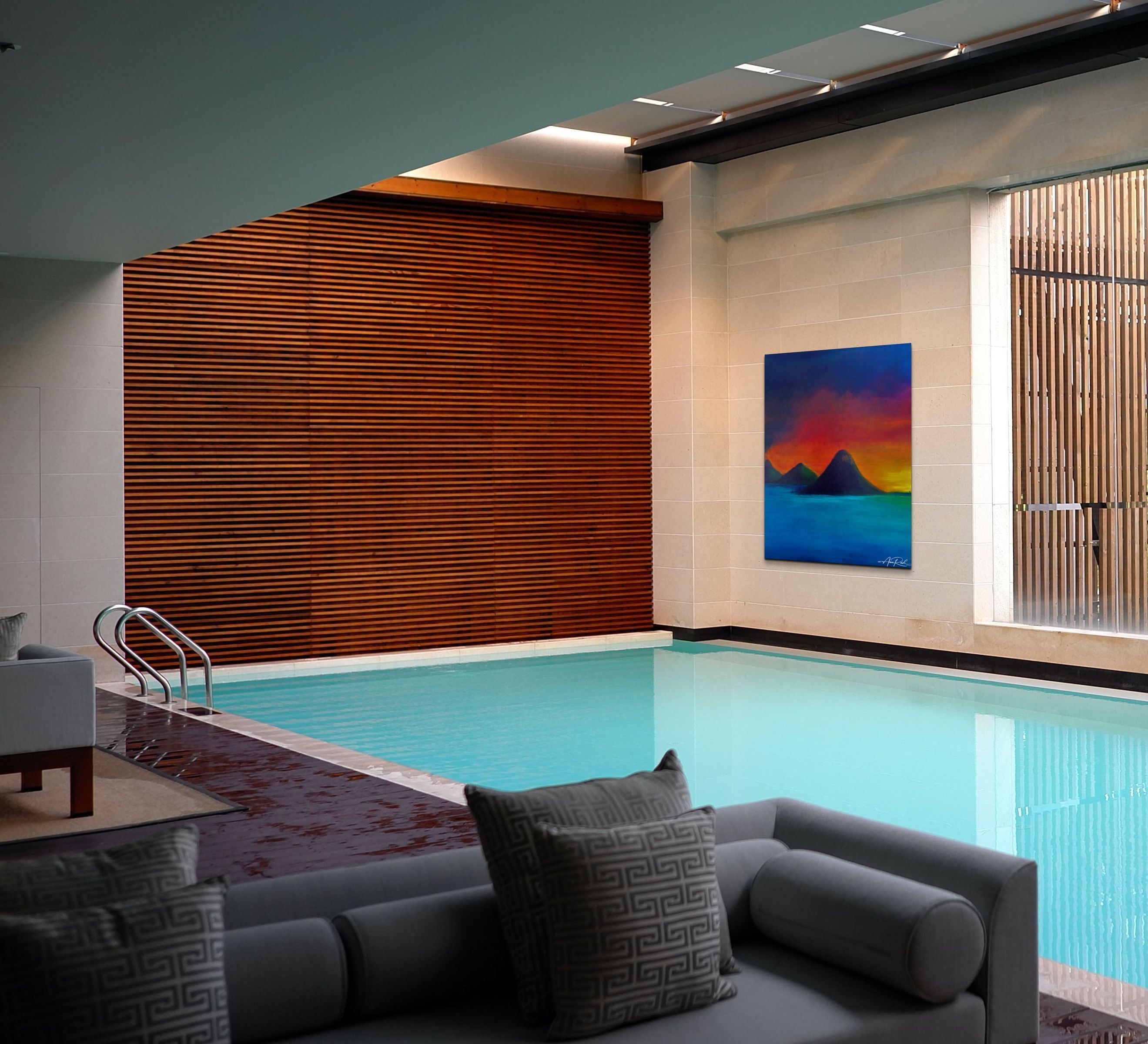 South Pacific 3, 45x60 metal print by Anne Reid Artist shown in a luxury spa interior setting beside an indoor pool