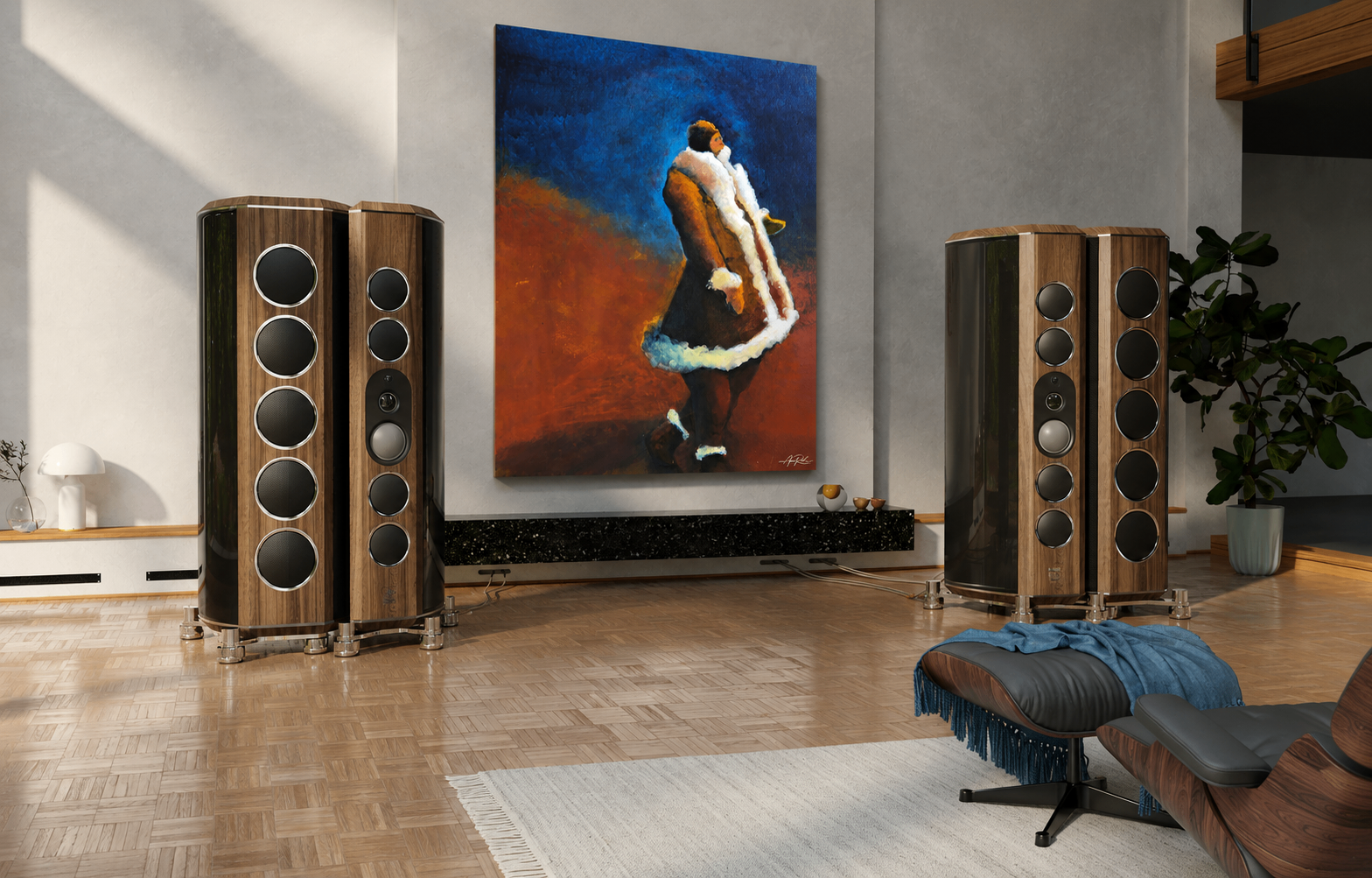 She's So Fine, metal wall art by Anne Reid Artist shown on the front wall in a listening room setting.