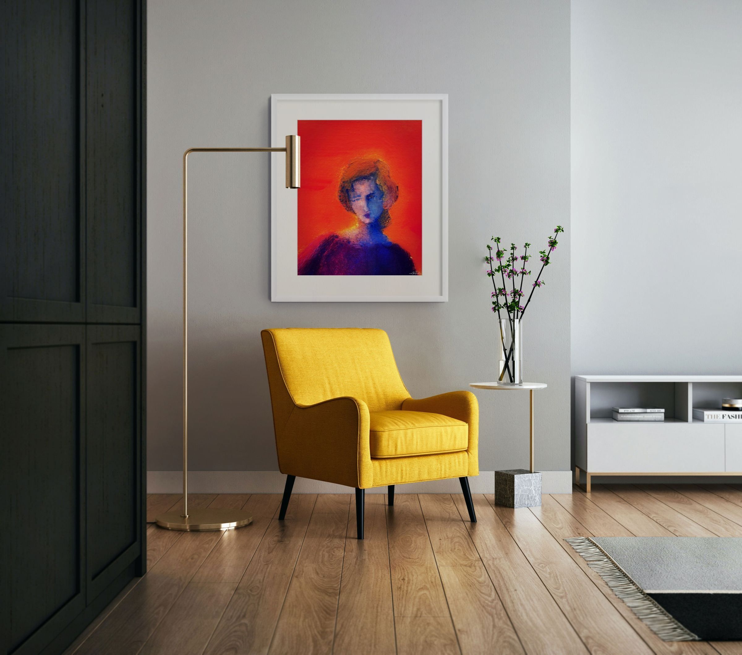 Ruth Portrait, 24x30 paper print by Anne Reid Artist shown in a contemporary reading corner with yellow accent chair and gold floor lamp