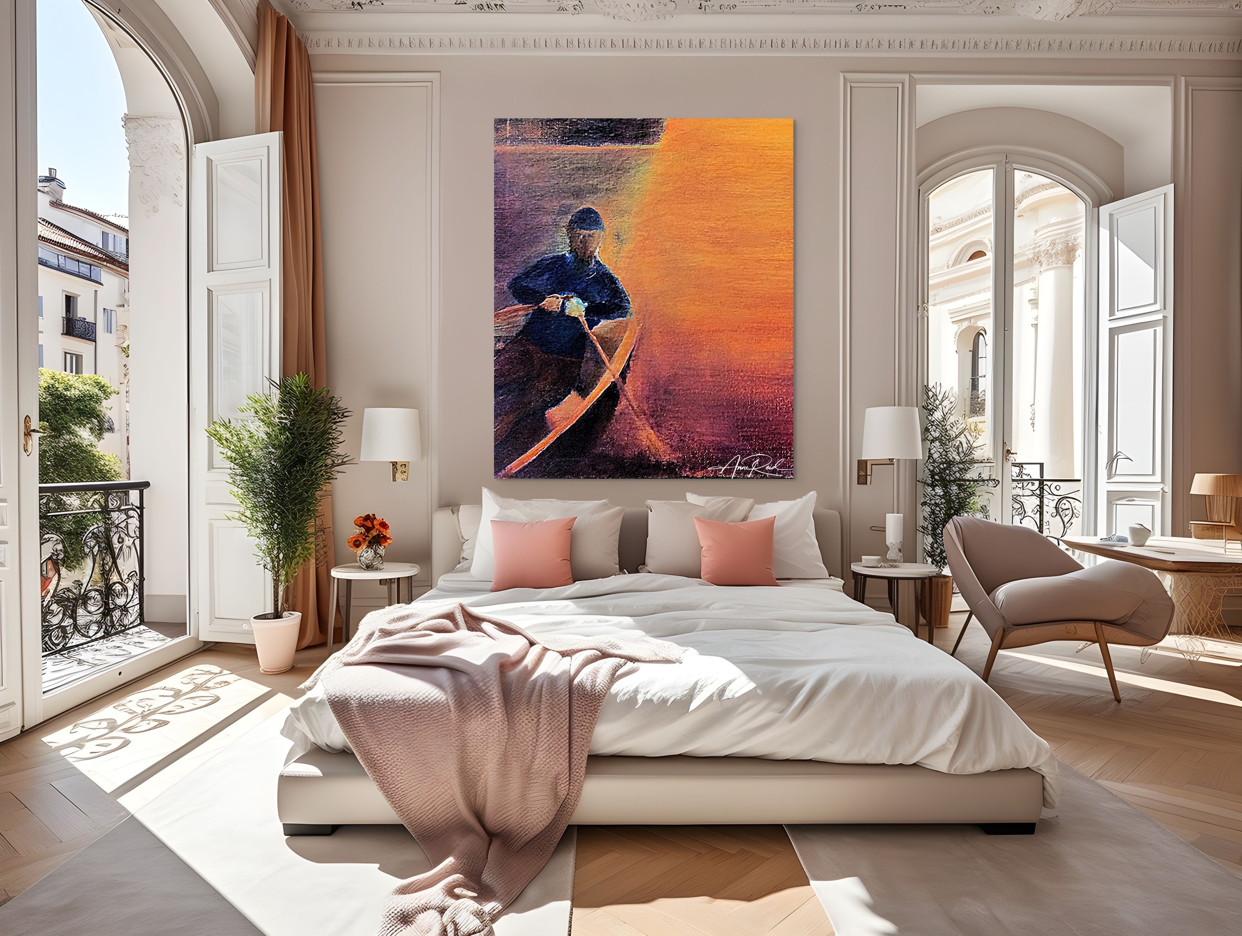 Going Fishing 4 fine art print by Anne Reid Artist shown large-scale above a bed in a bright European-style bedroom with arched windows — warm amber and orange tones with solitary figure in a wooden boat