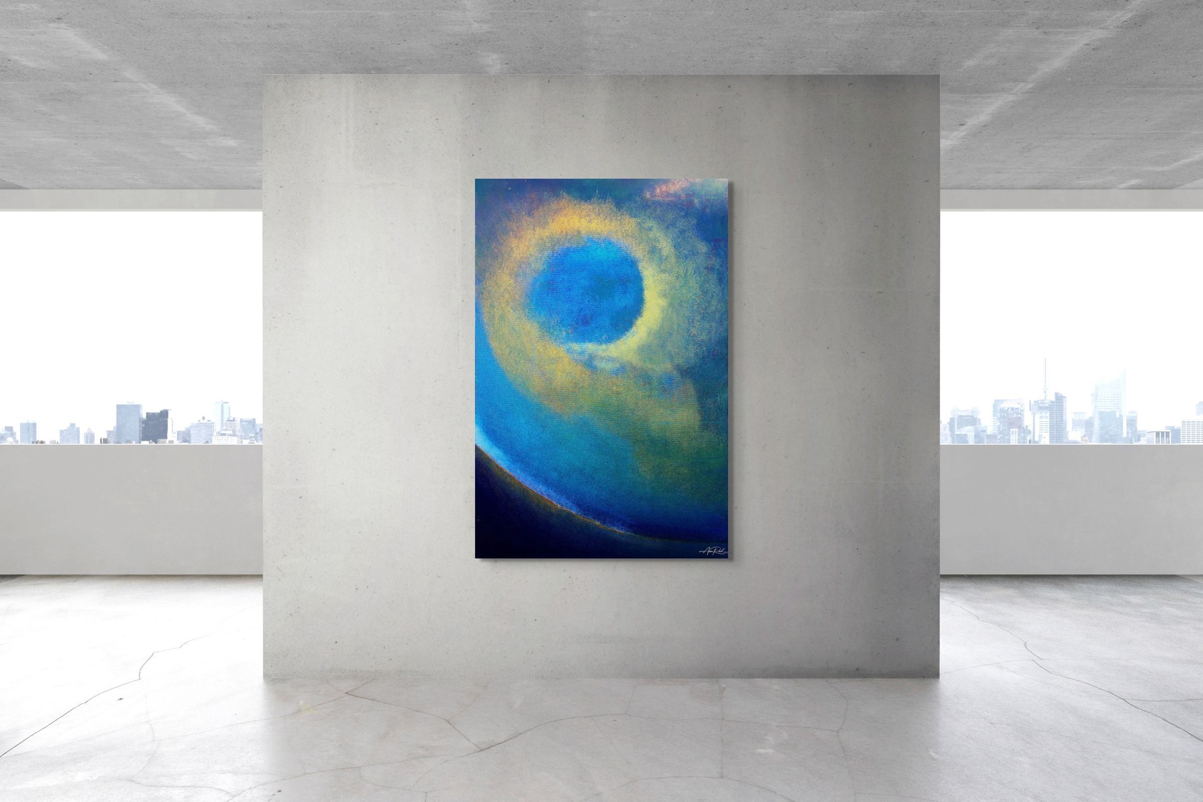 Glory Storm 4, fine art print by Anne Reid Artist shown large-format on a raw concrete wall in a modern loft setting with floor-to-ceiling windows and city skyline views.