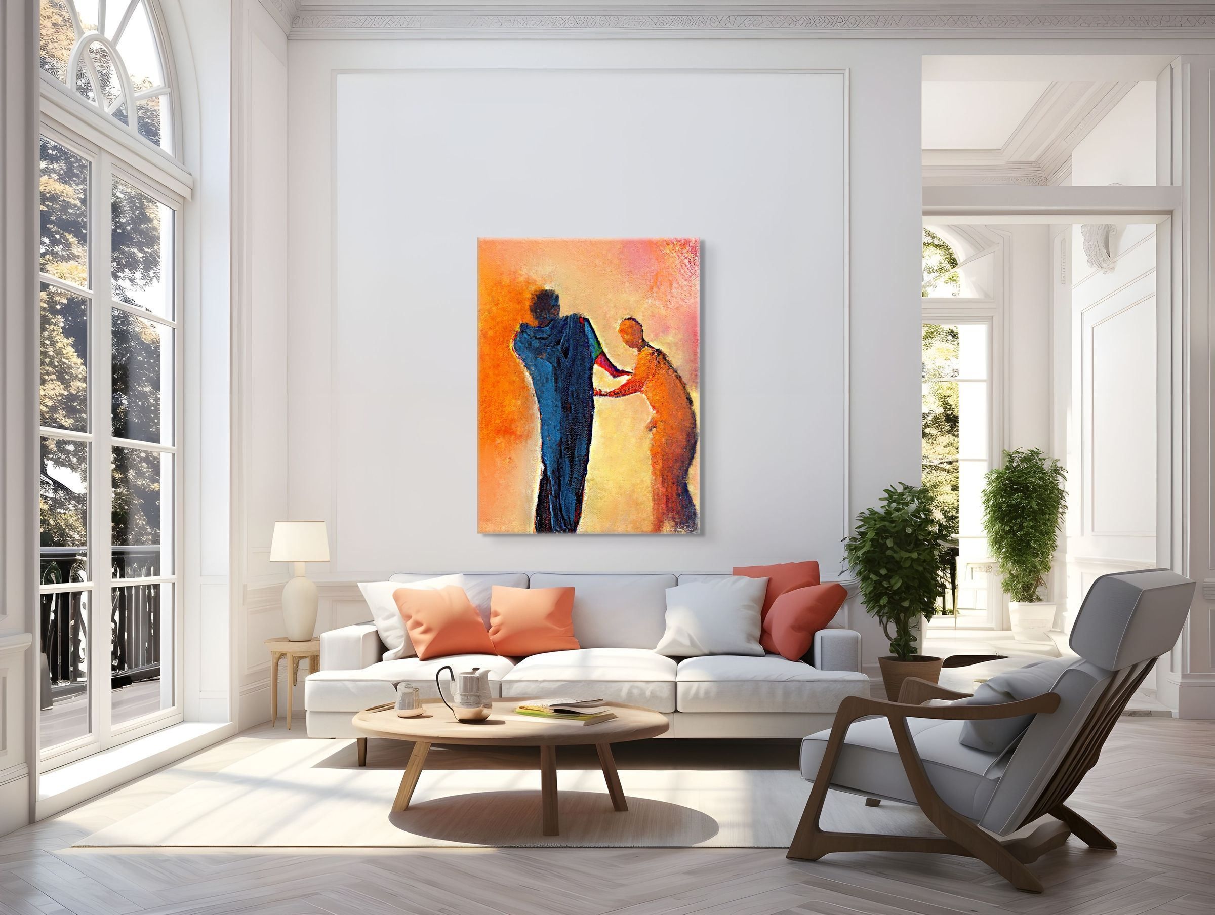 Proof 8, print by Anne Reid Artist shown as a large canvas print above a white sofa in a bright Parisian-style living room.