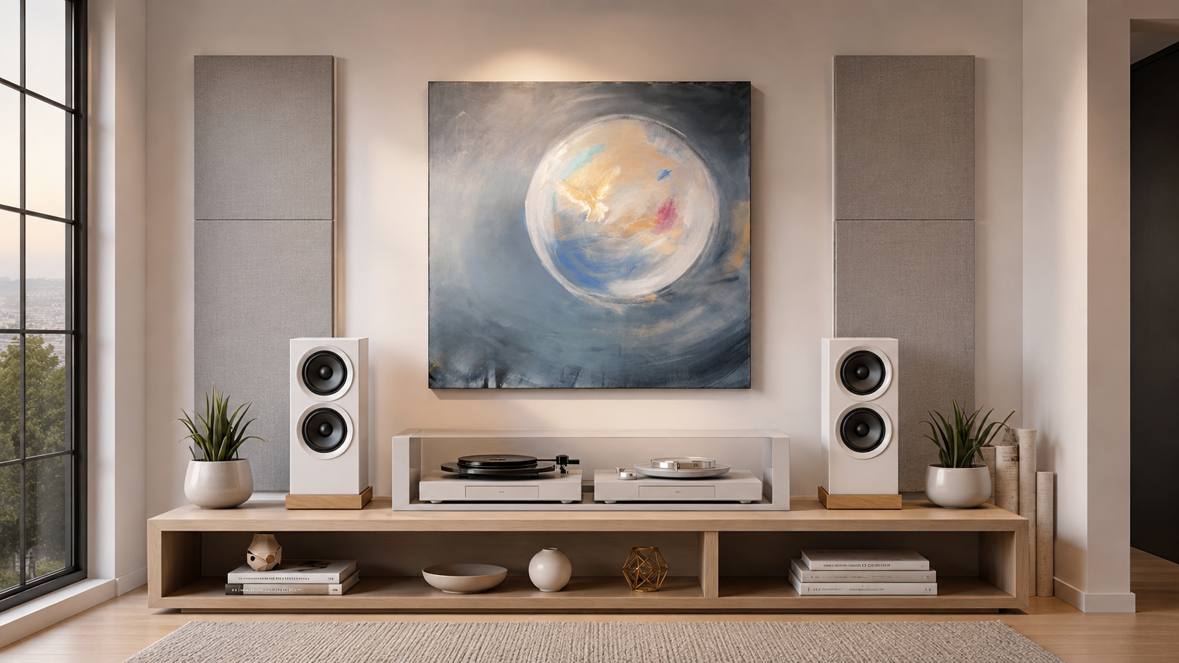 Pearl 3, metal wall art by Anne Reid Artist shown on the front wall in a listening room setting.
