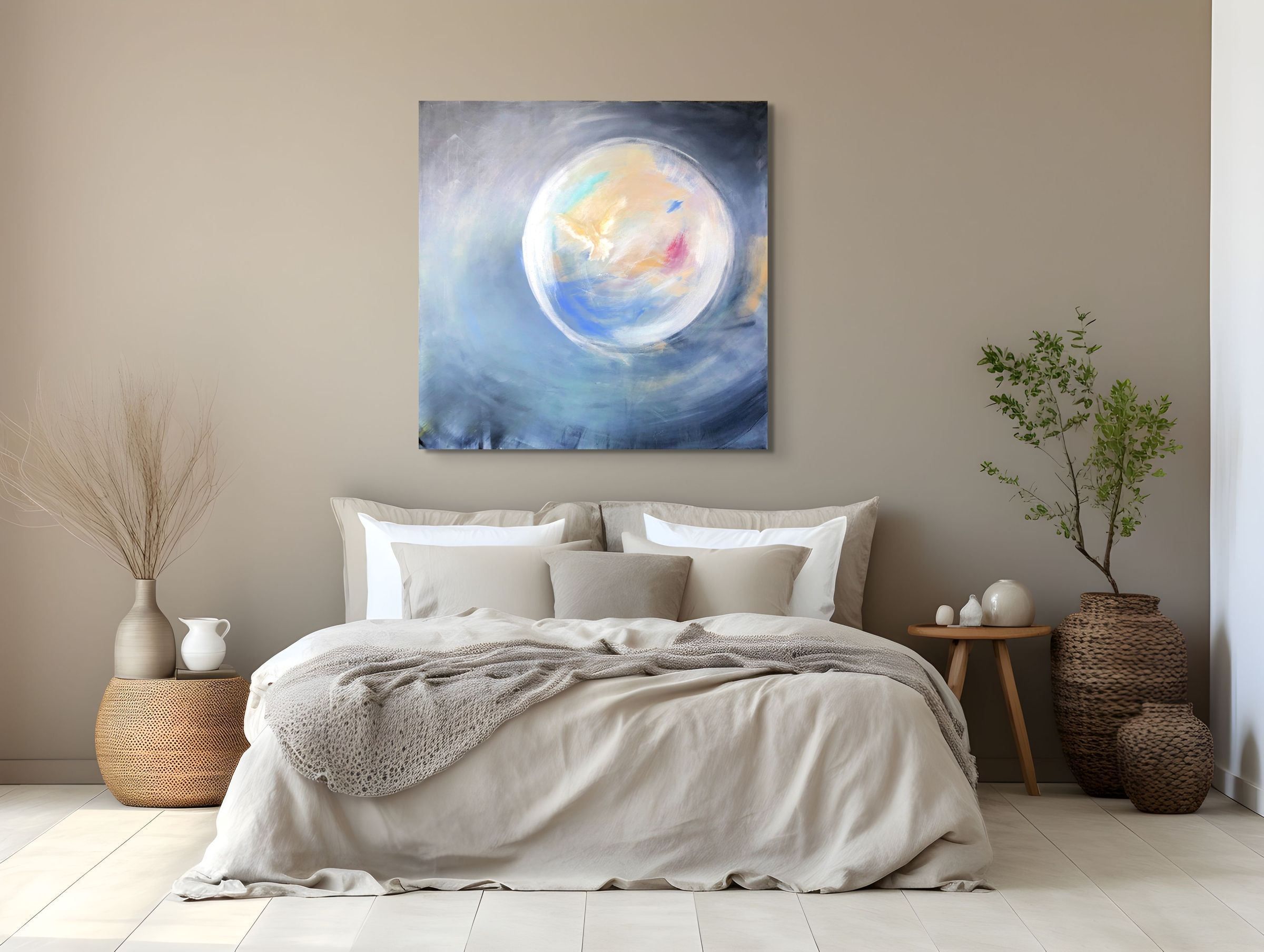 Pearl 3, fine art print by Anne Reid Artist shown above a bed in a warm boho bedroom setting with taupe walls, natural linen bedding, rattan vessels, dried pampas grass, and a green tree.