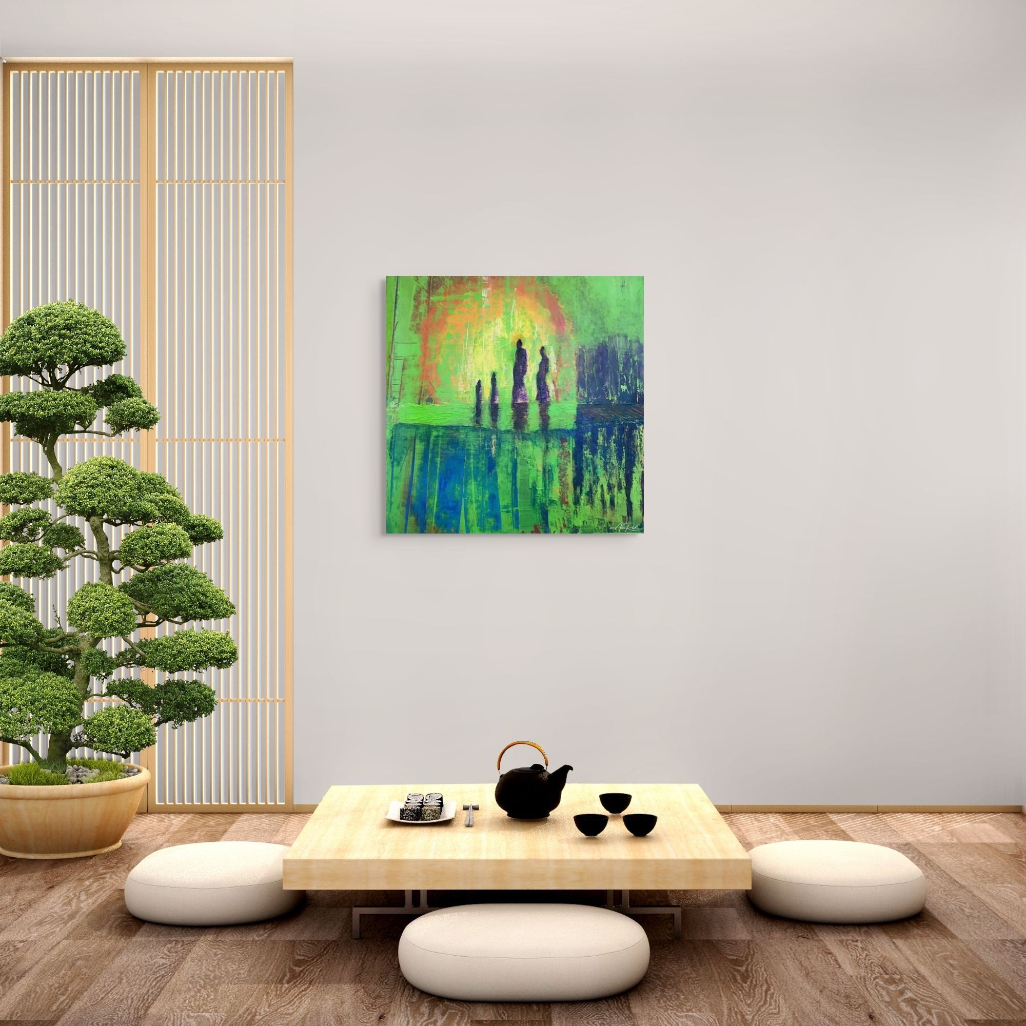 Land of the Rising Sun, fine art print by Anne Reid Artist shown on a white wall in a Japanese-inspired room with bonsai and low table