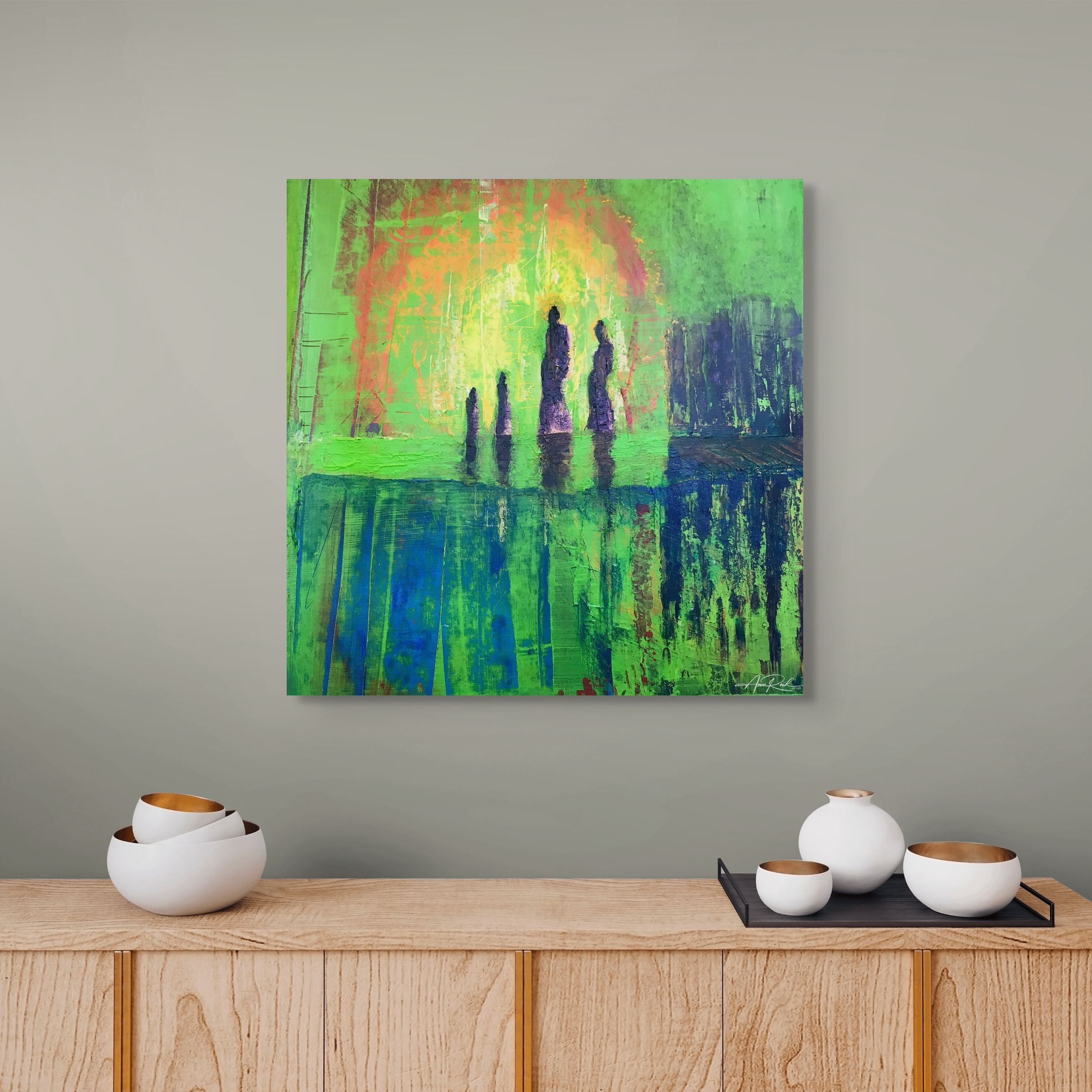 Land of the Rising Sun, fine art print by Anne Reid Artist shown above a wood credenza in a modern Japandi interior