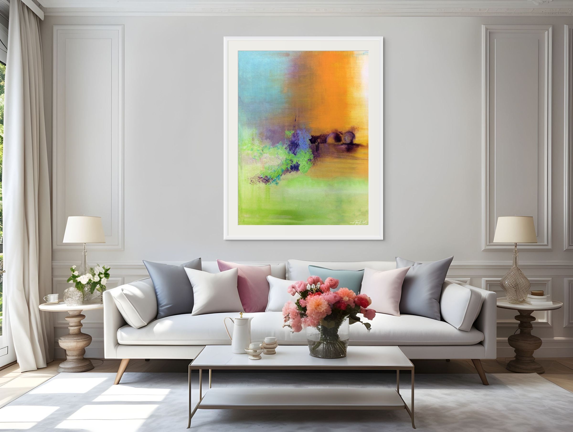 Lord of Life open-edition fine art print in white wood frame above a white sofa in an elegant living room