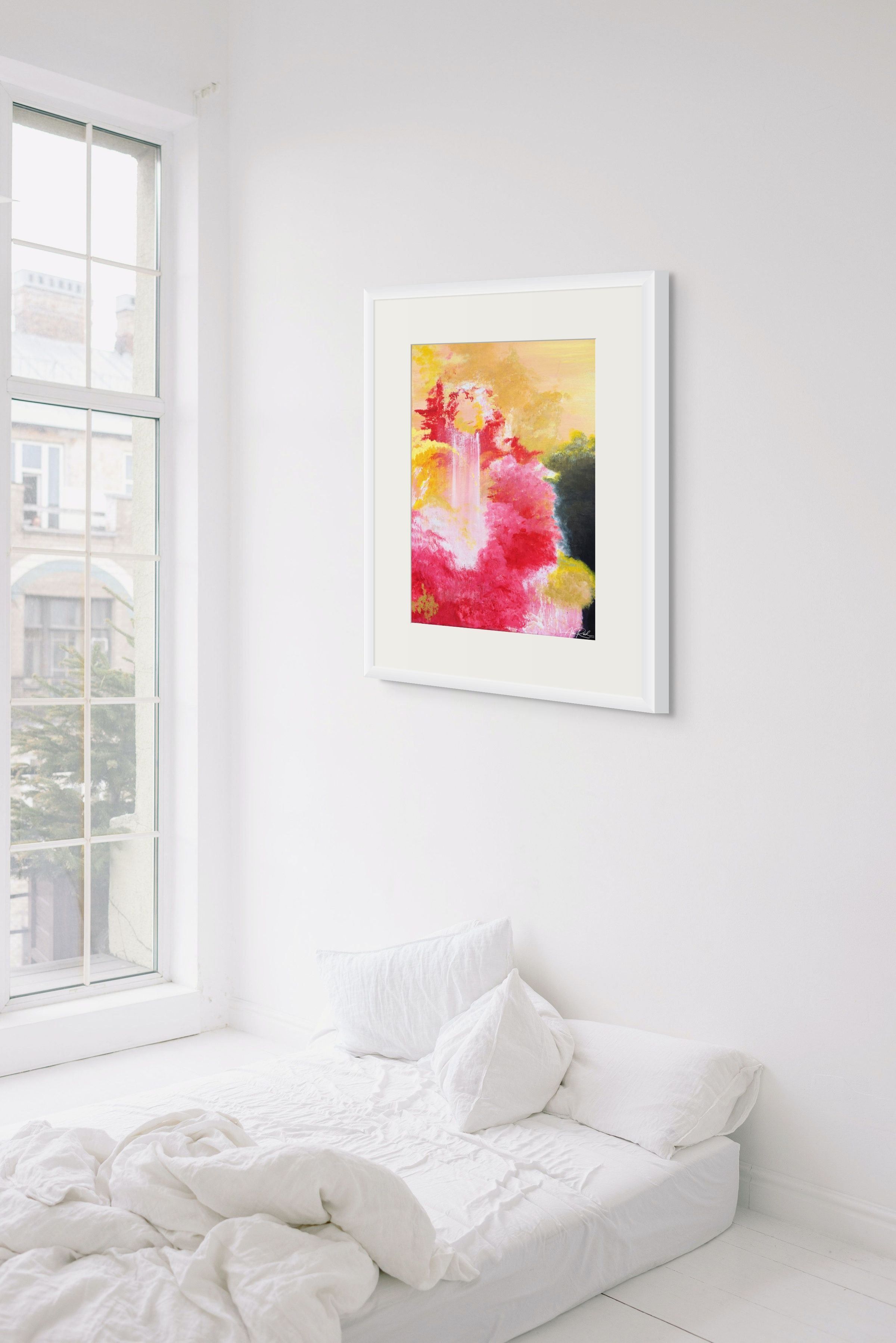 Joy of the Lord, print by Anne Reid Artist shown above a low white bed in a bright minimal bedroom.