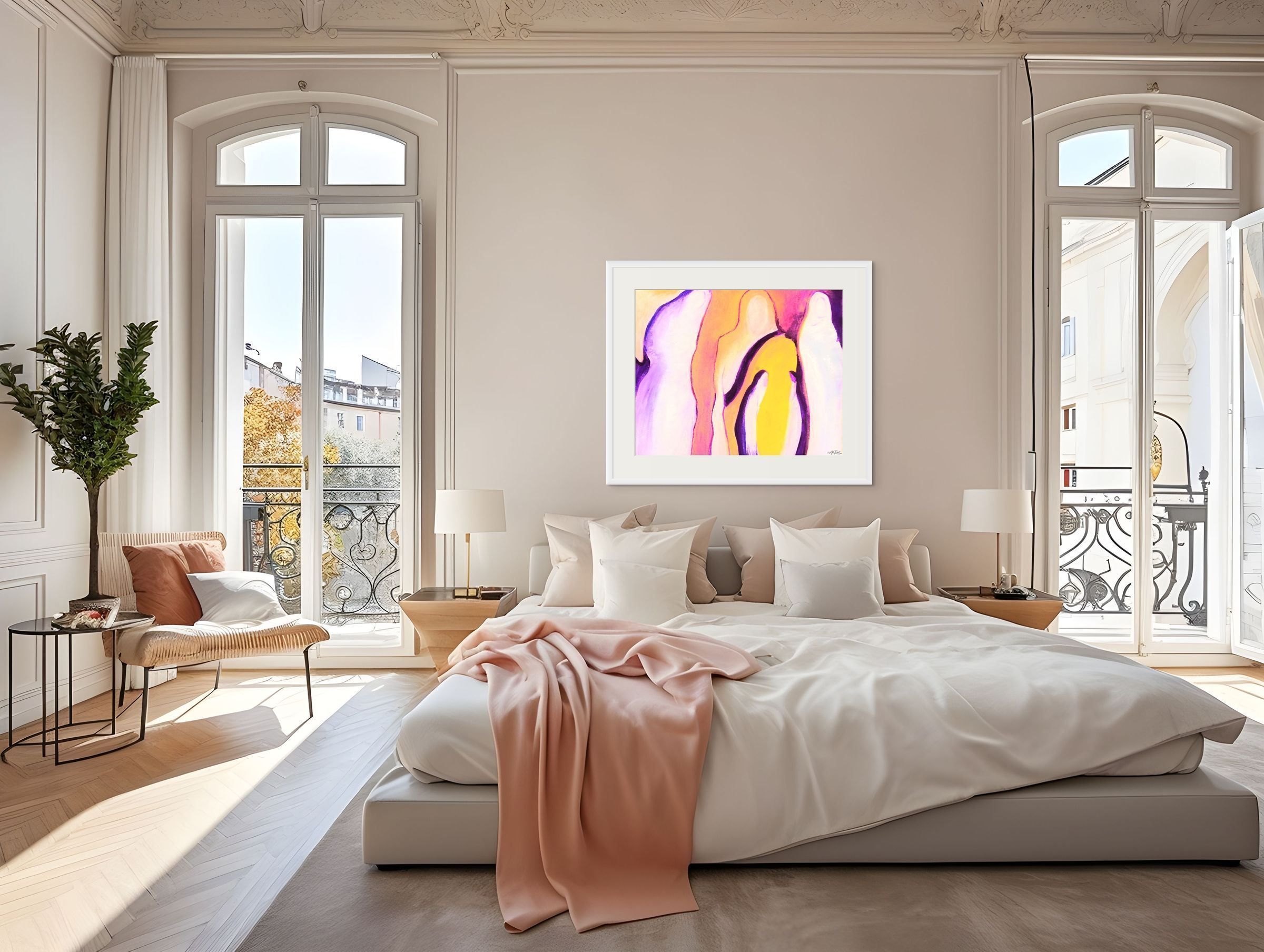Great Cloud of Witnesses 5 fine art print above a bed in a Parisian style room.