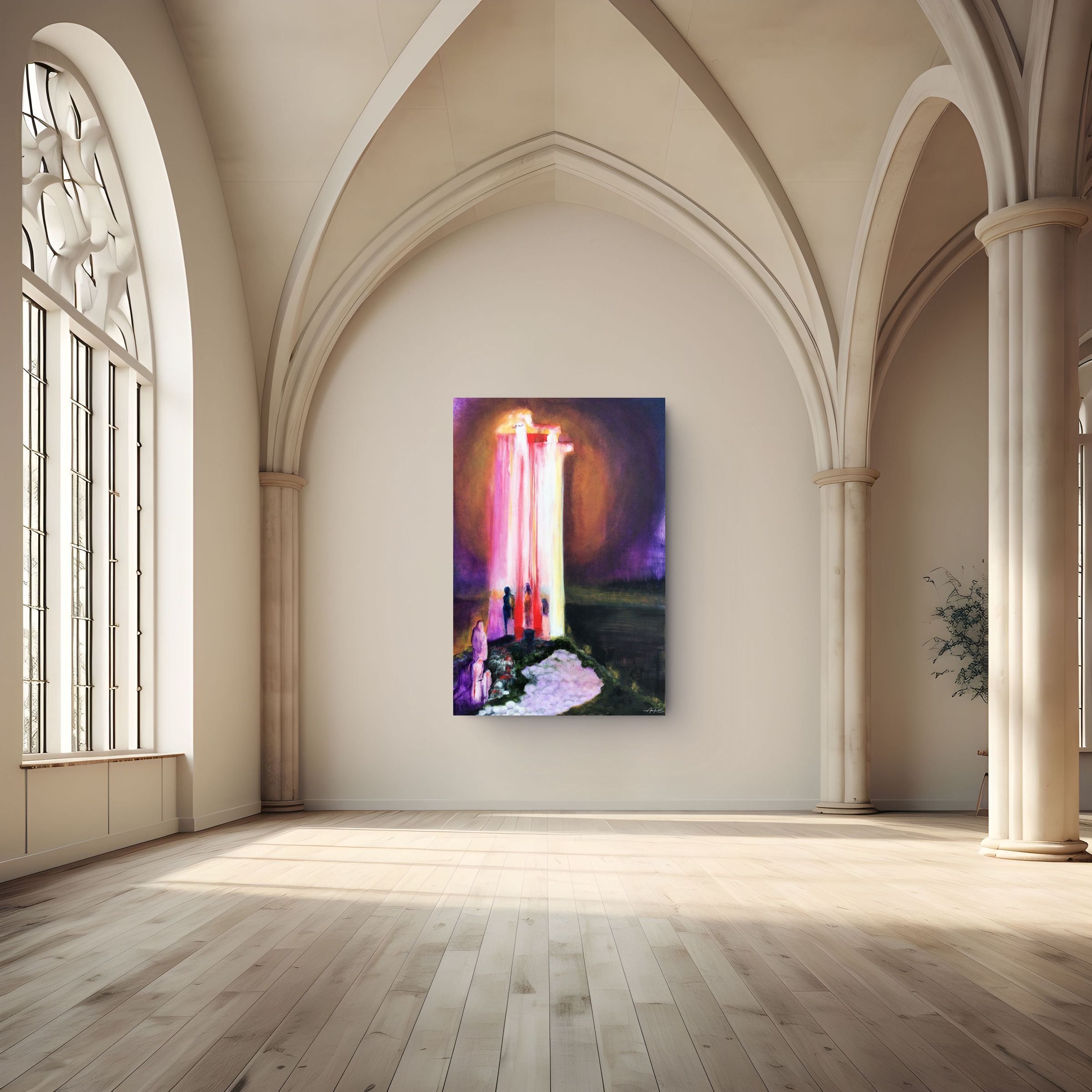 Golgotha, fine art print by Anne Reid Artist shown as a 48×72 in metal print in a gallery sanctuary setting