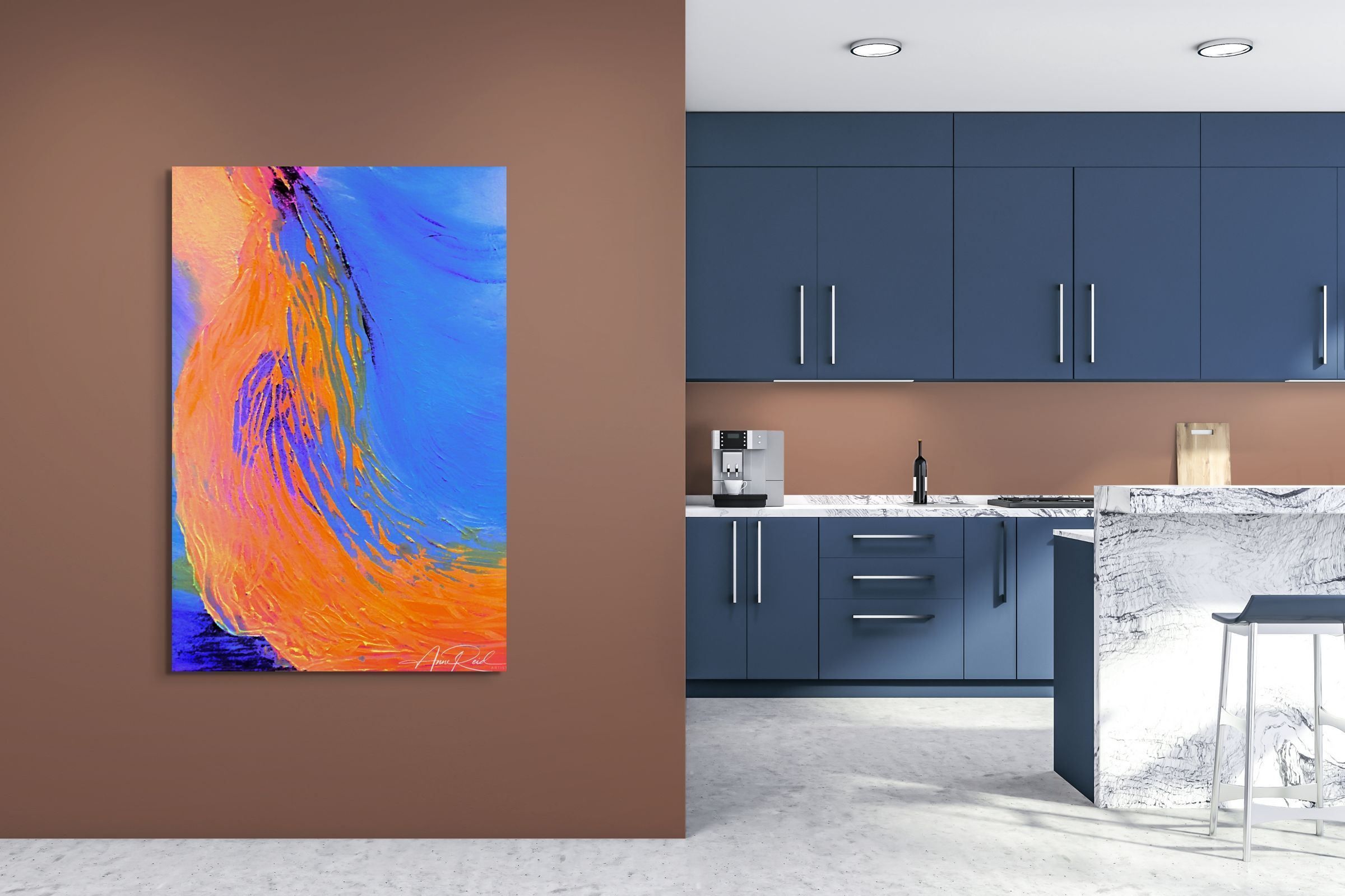 Glory Stream 3, print by Anne Reid Artist shown as a large metal print beside a navy blue kitchen on a mocha wall.