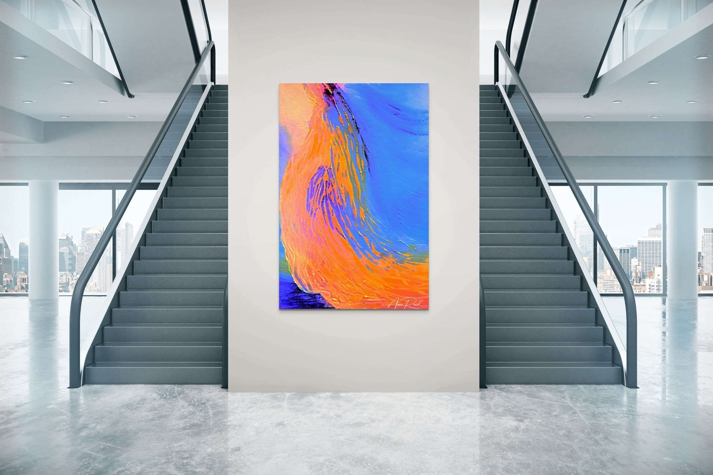 Glory Stream 3, print by Anne Reid Artist shown as a large metal print centered between twin staircases in a contemporary lobby.