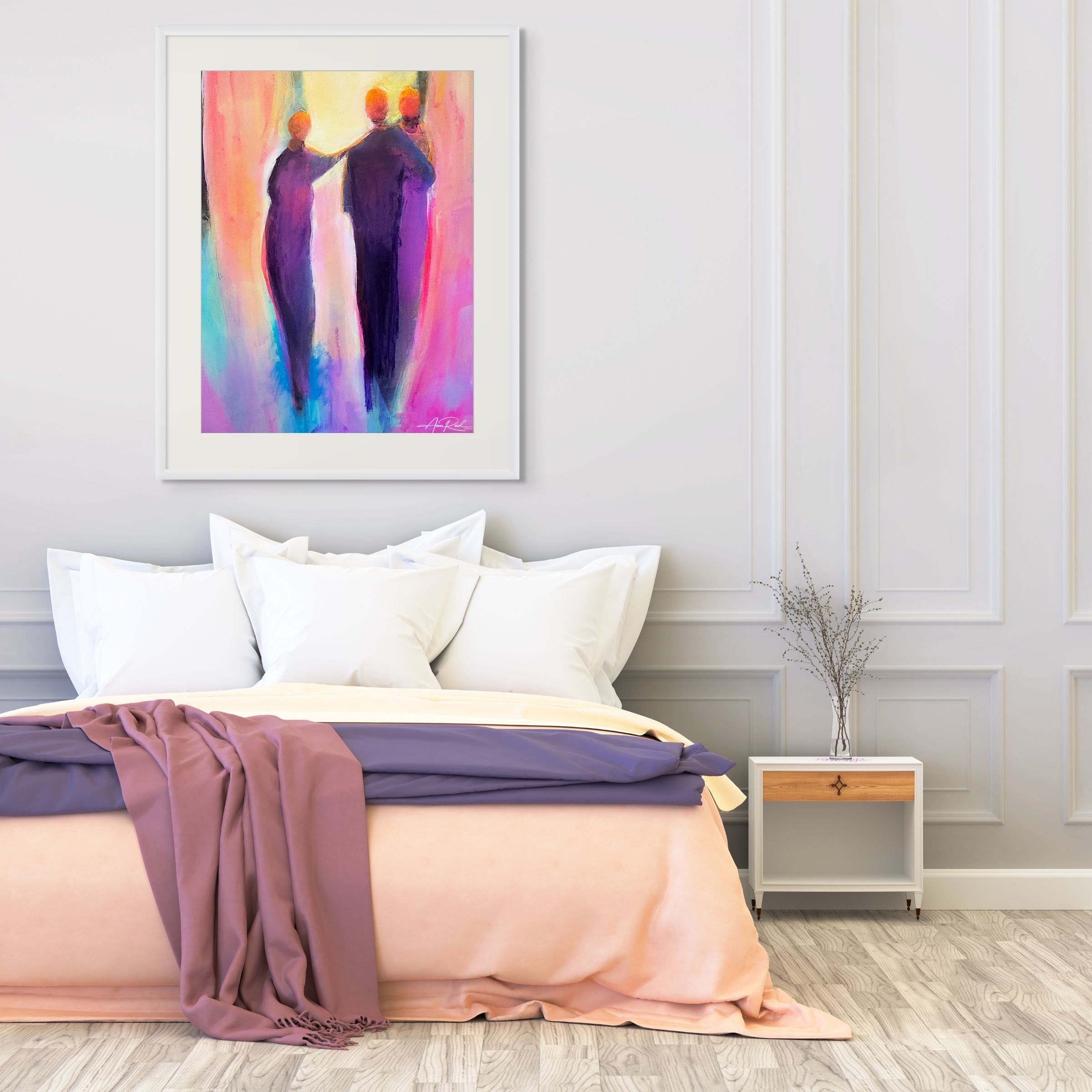 Friend of the Bridegroom vertical fine art print above a soft layered bed.