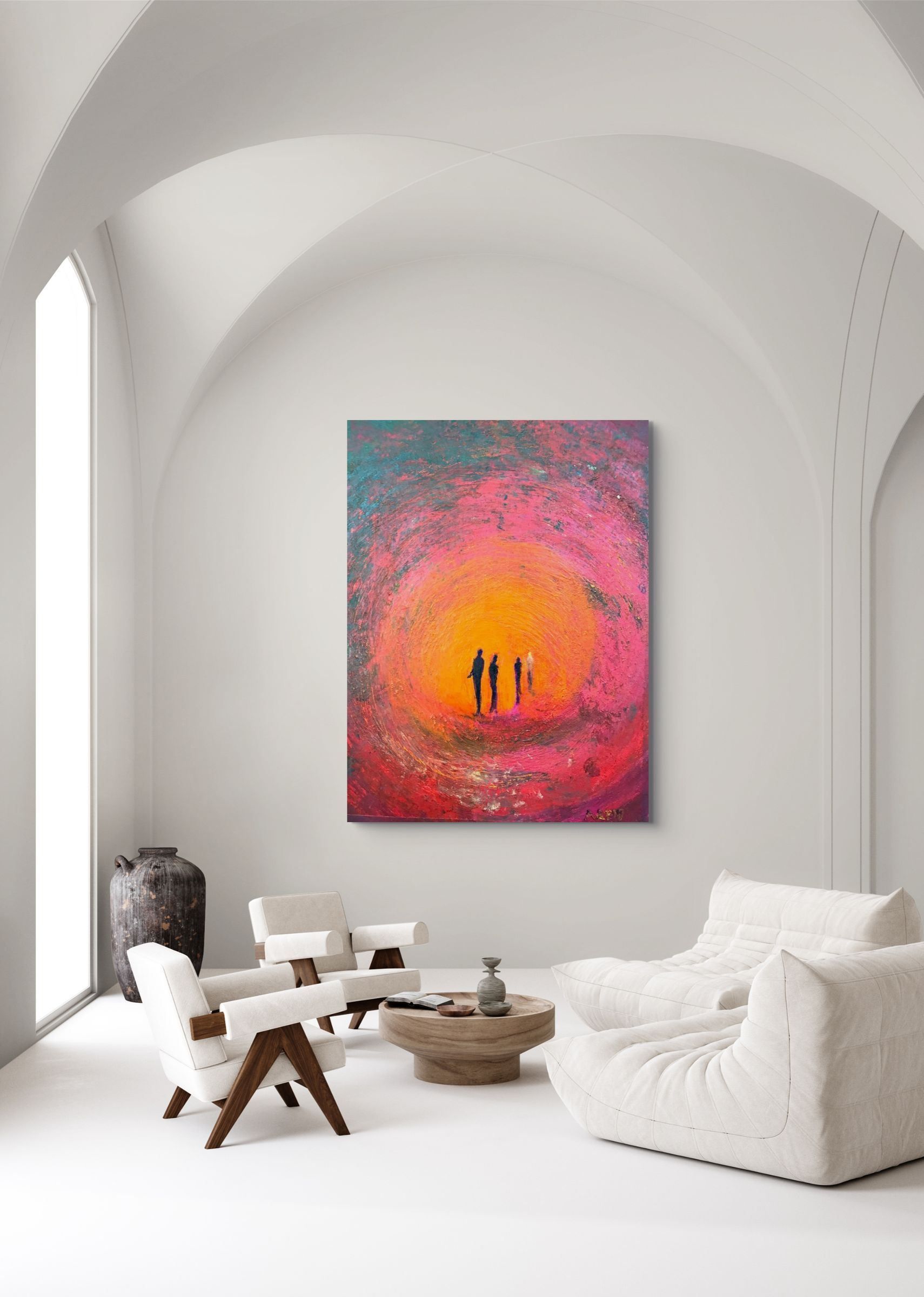 Fourth Man, 48x64 metal print by Anne Reid Artist shown in a minimalist arched architectural living room setting