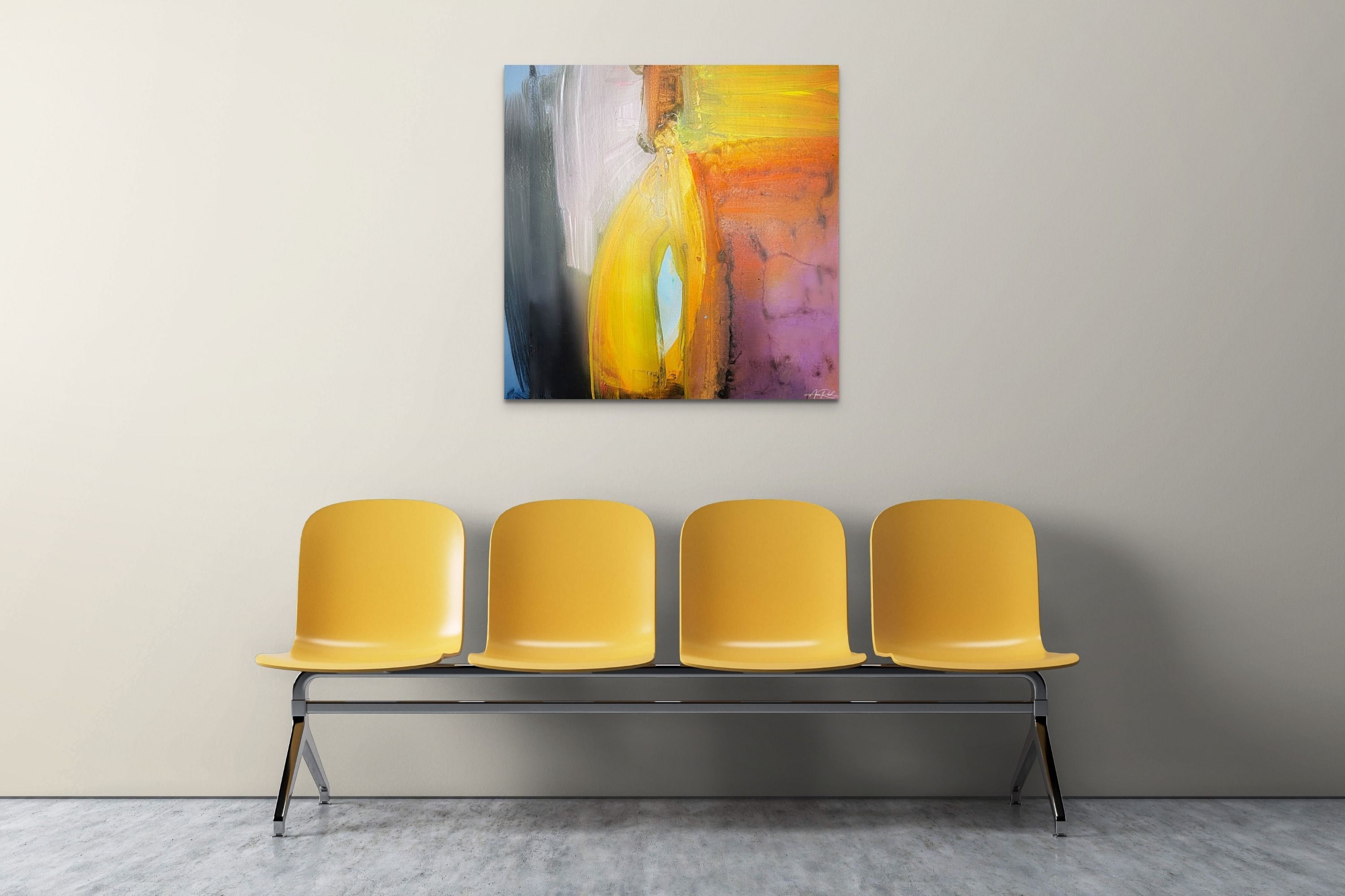 Eye of the Needle, metal print by Anne Reid Artist shown on a cream wall above a row of yellow chairs