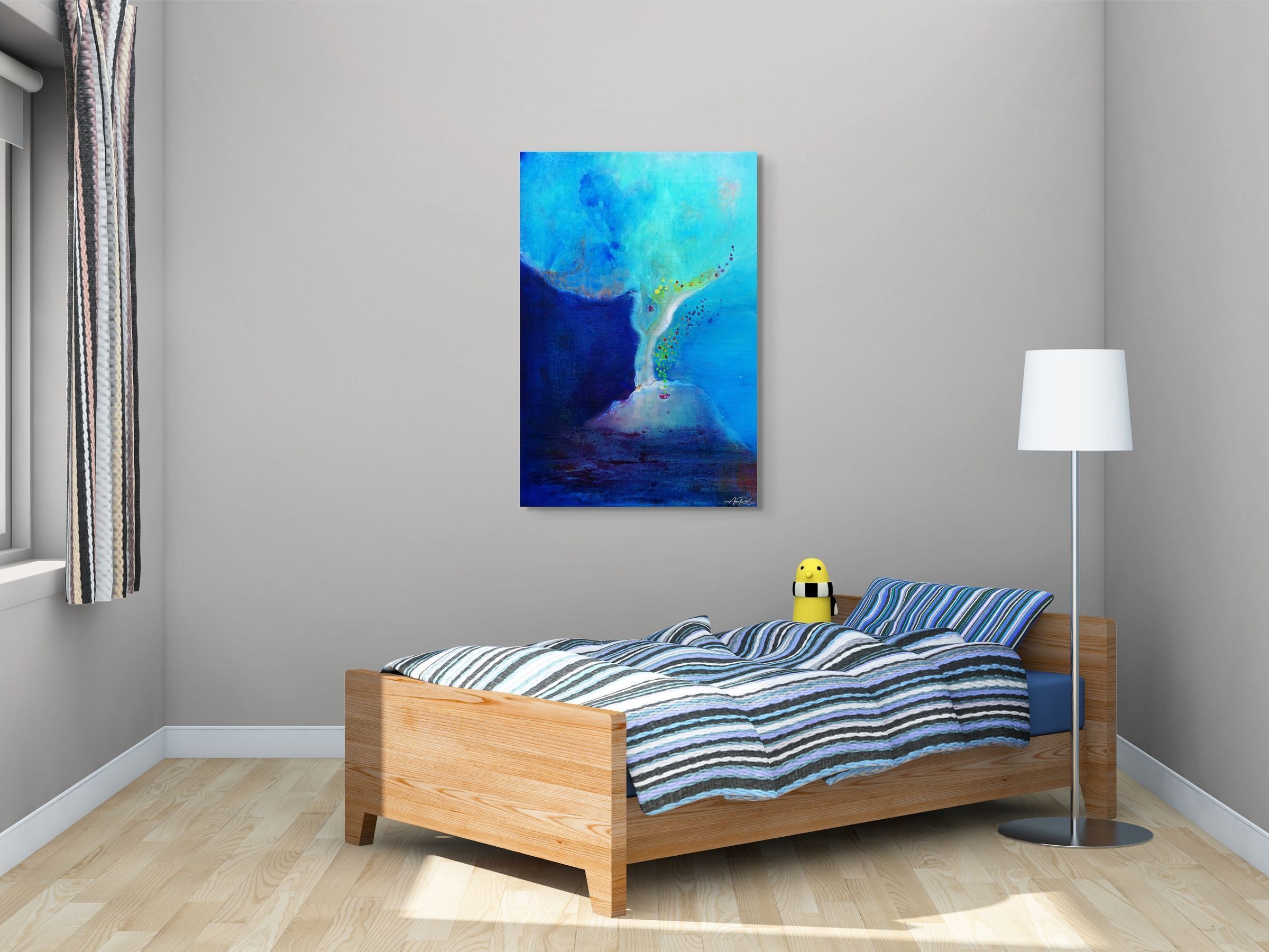 Dream 2, fine art print by Anne Reid Artist shown above a bed in a bright blue bedroom setting.