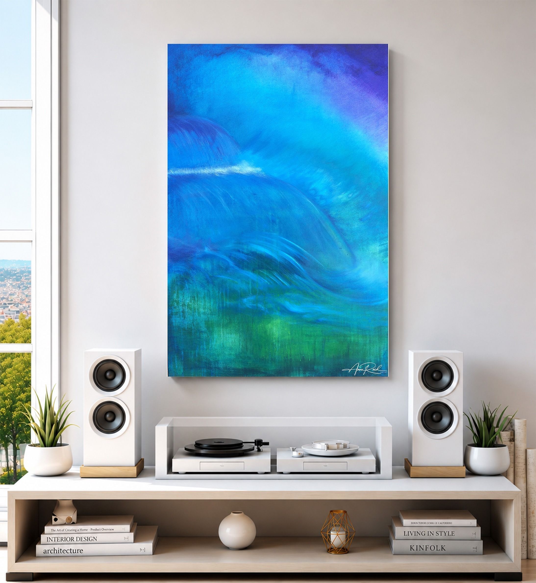 Deluge, metal wall art by Anne Reid Artist shown on the front wall in a listening room setting