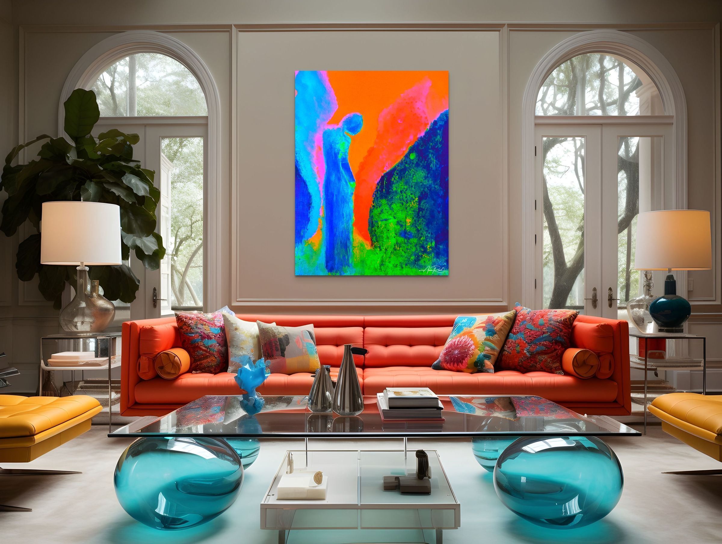 Covered by Glory open-edition fine art print on metal in a bold contemporary living room with orange sofa and arched windows