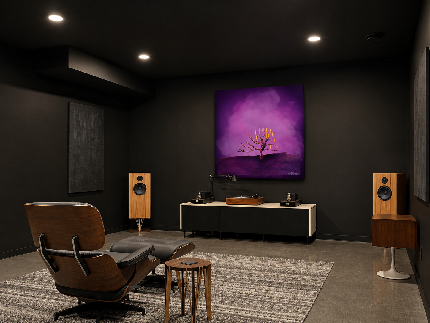 Burning Bush 7, metal wall art by Anne Reid Artist shown on the back wall in a listening room setting.
