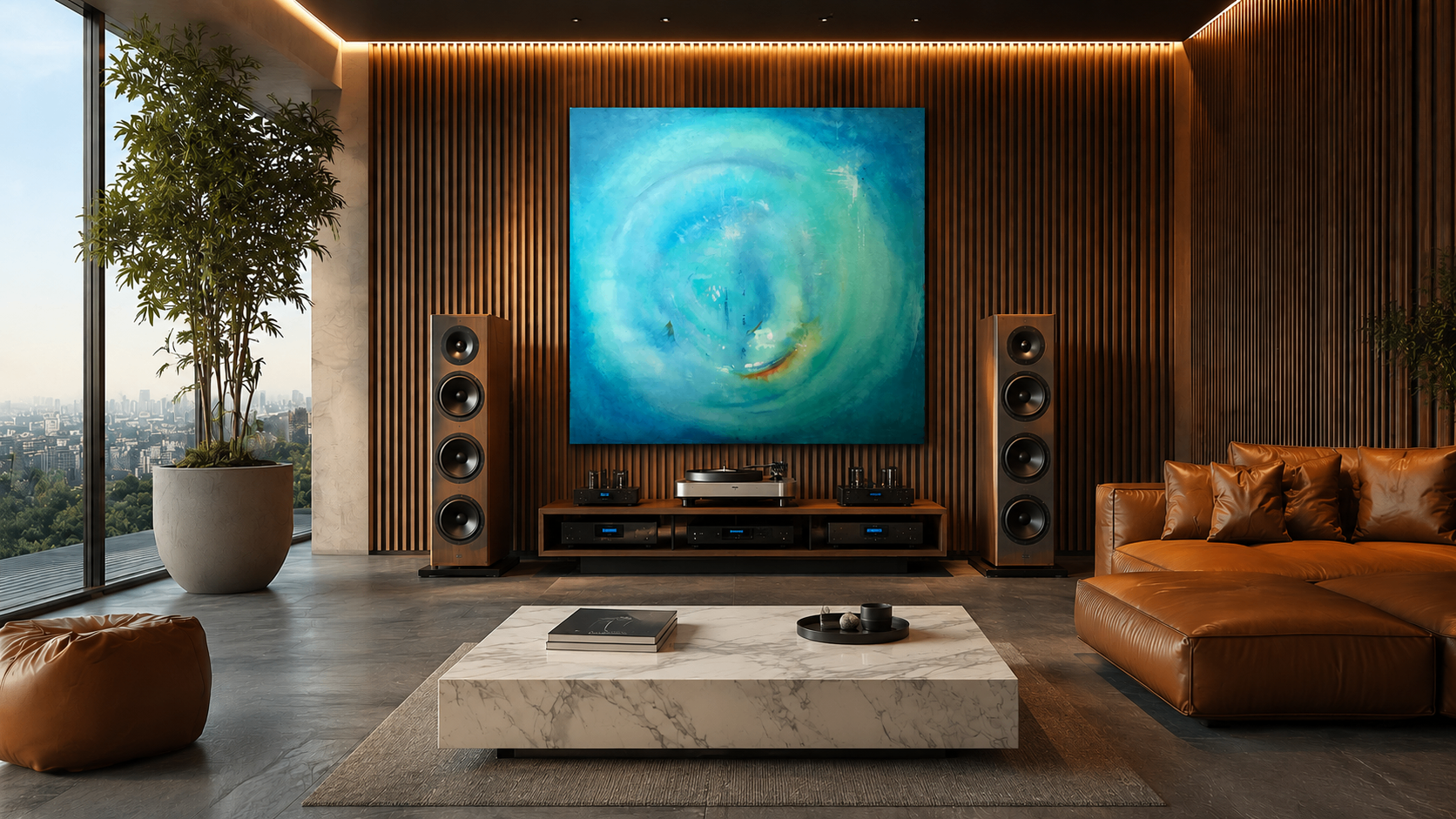 Advent 7 metal wall art displayed in a contemporary audiophile listening room with wood slat walls, floor-standing speakers, and a marble coffee table
