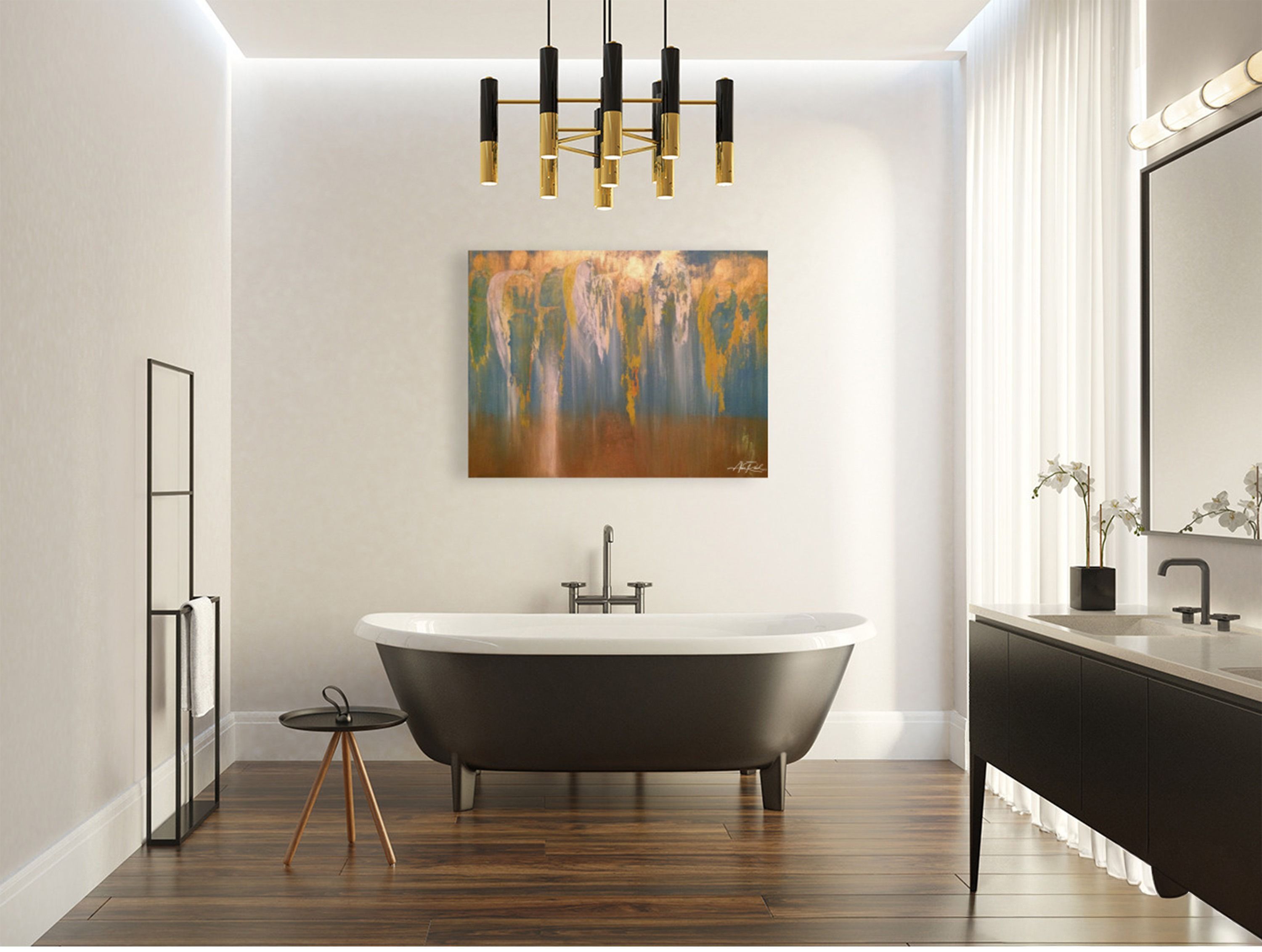 Angel Armies open-edition fine art print on metal above a black soaking tub in a modern spa bathroom with brass chandelier
