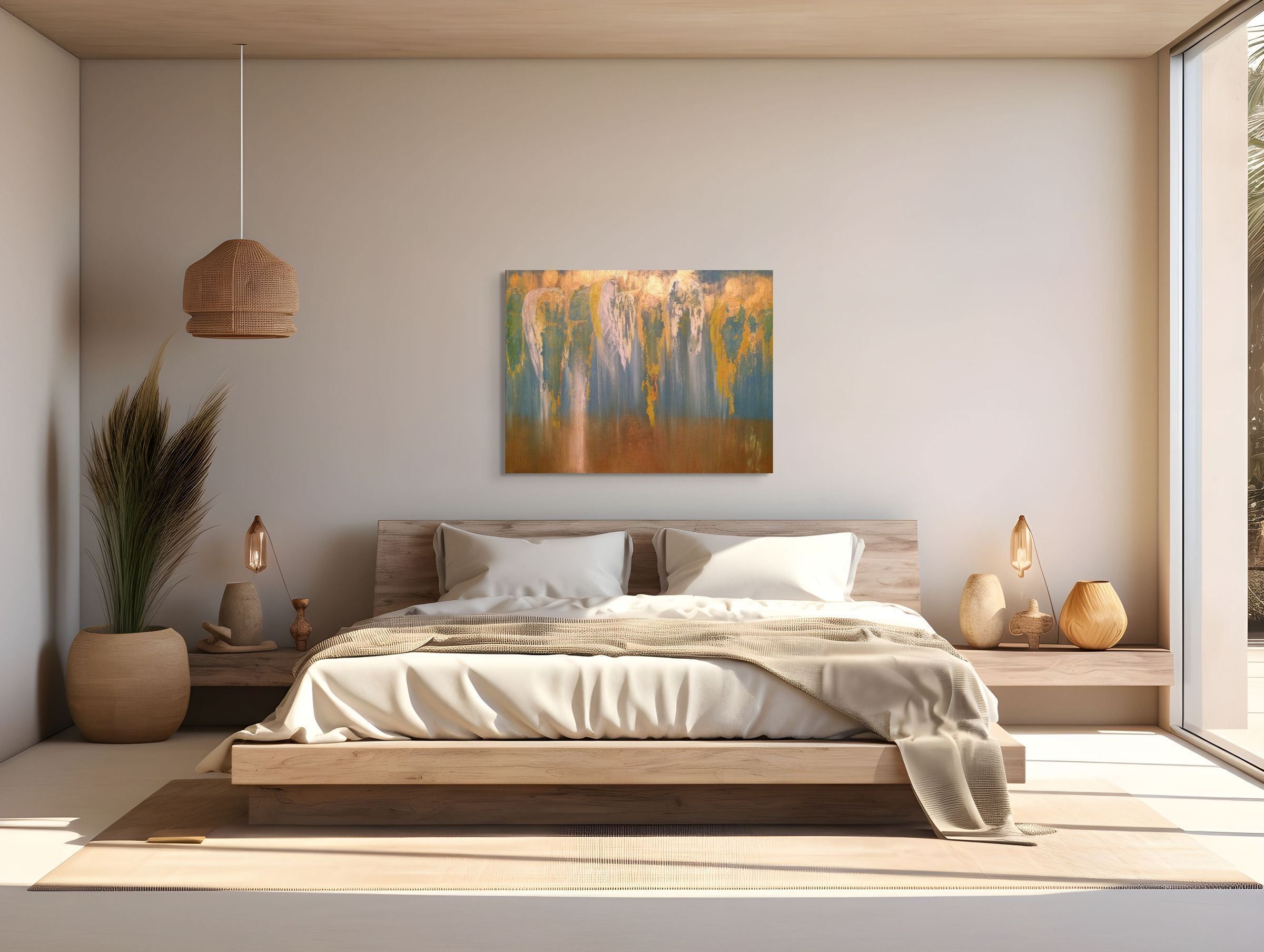Angel Armies open-edition fine art print on metal above a platform bed in a warm sand-toned Japandi bedroom with rattan pendant light